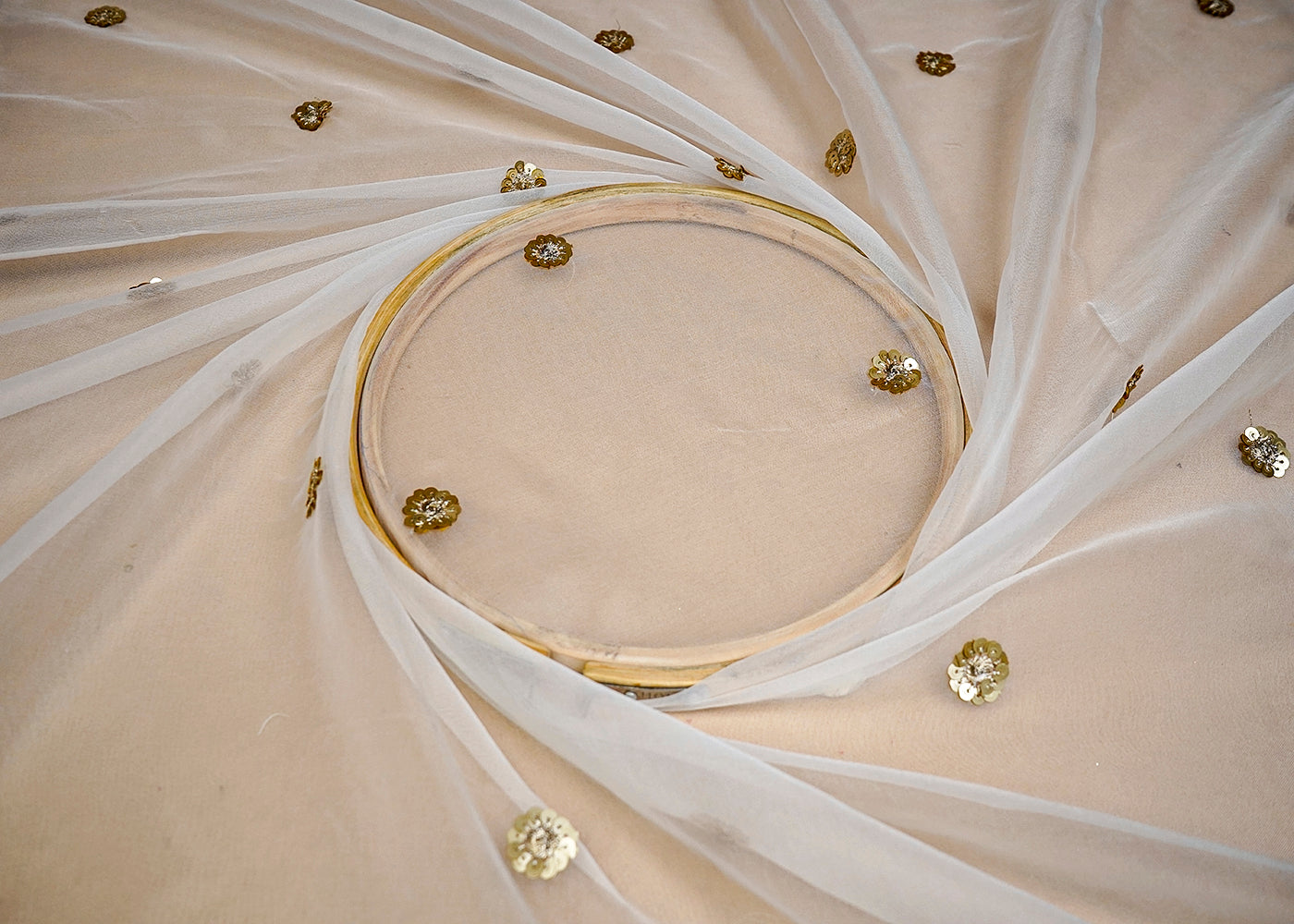 (Pre-Cut 2.5 MTR) White Organza Fabric With All Over Zari And Sequins Work With Two Side Scalloped Border 18585