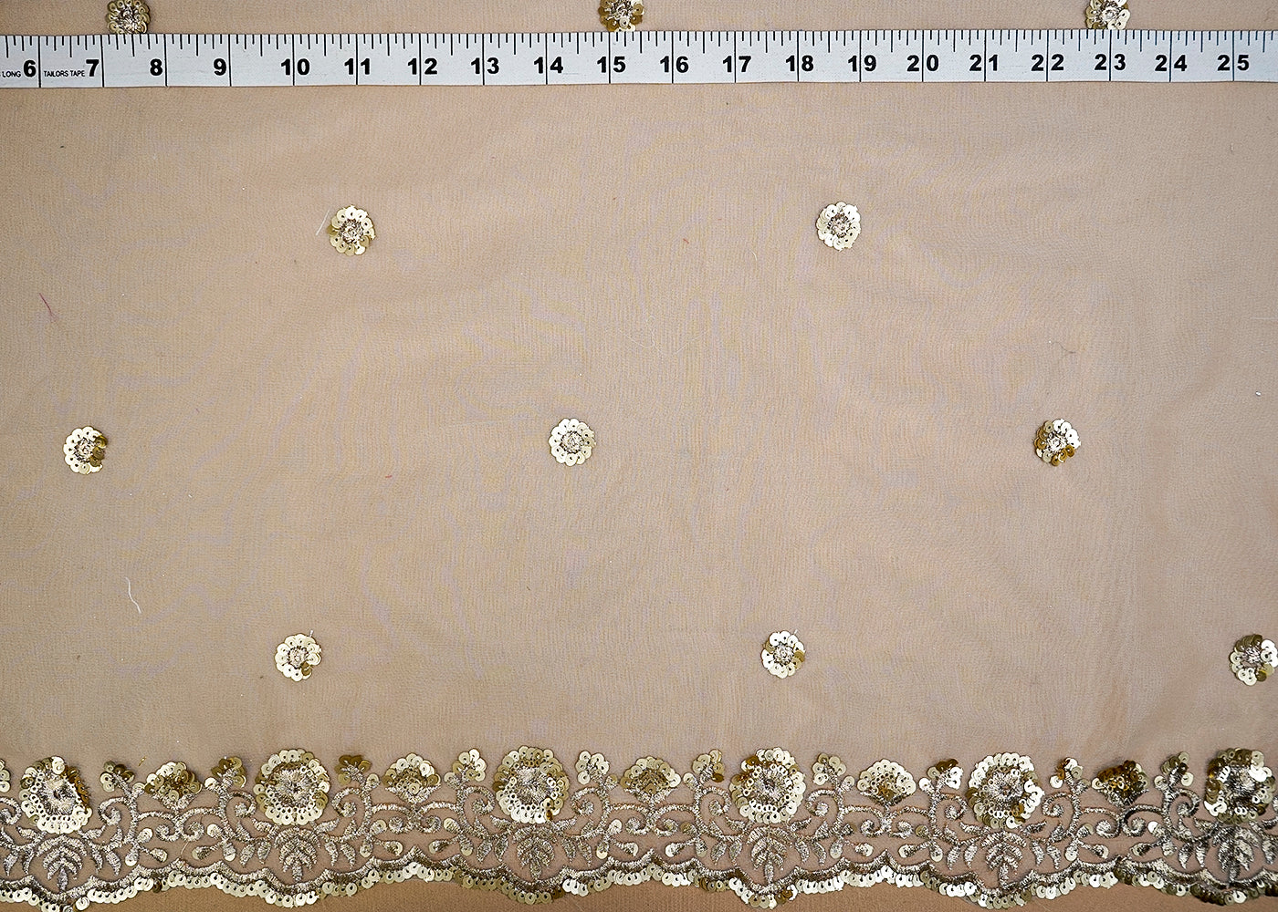 (Pre-Cut 2.5 MTR) White Organza Fabric With All Over Zari And Sequins Work With Two Side Scalloped Border 18585