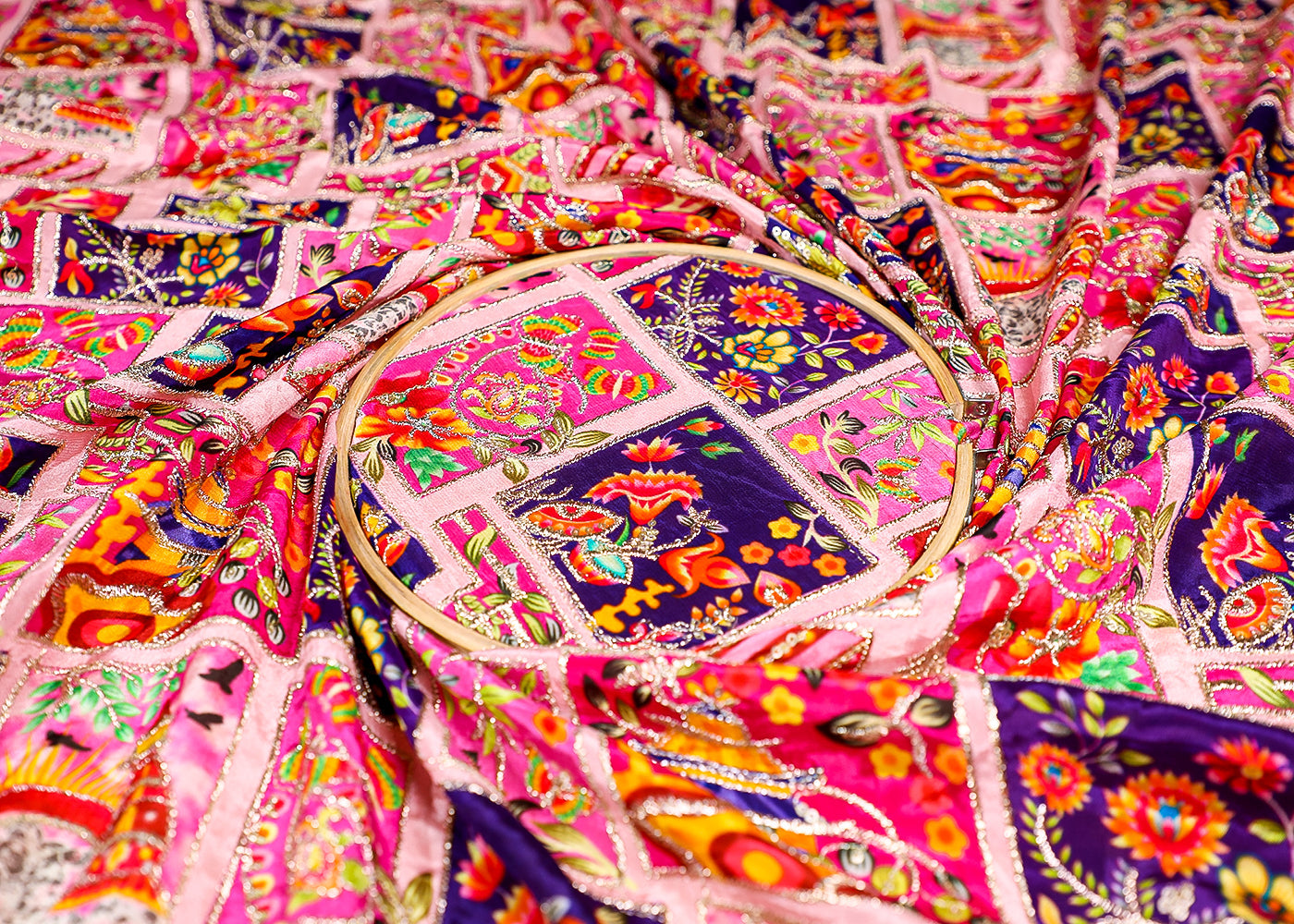 (Pre-Cut 2 MTR) Light Pink Crepe Fabric With All Over Traditional Print With Zari And Sequins 18594