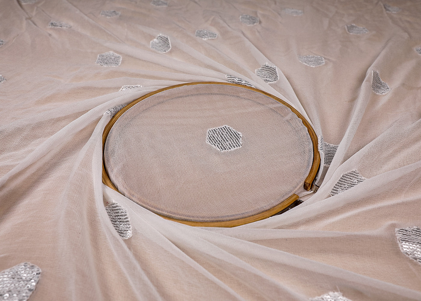 (Pre-Cut 1.4 MTR) White Georgette Fabric With All Over Sequins 18596