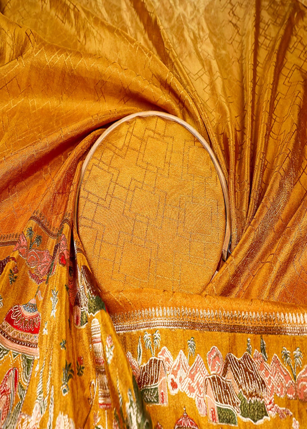 (Pre-Cut-3.8-MTR)-Mustard-Tissue-Fabric-With-All-Over-Zari-Work-With-One-Side-Heavy-Work-18598