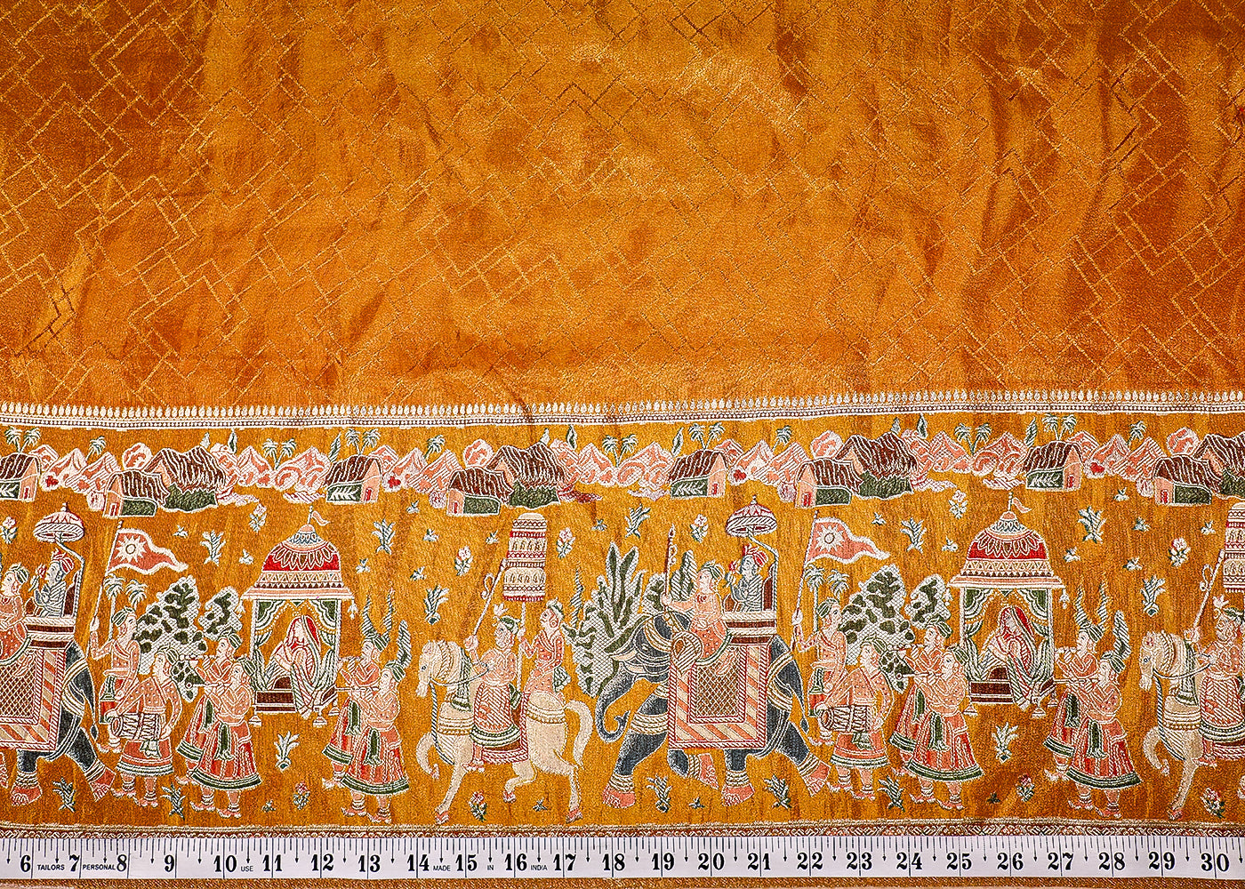 (Pre-Cut 3.8 MTR) Mustard Tissue Fabric With All Over Zari Work With One Side Heavy Work 18598