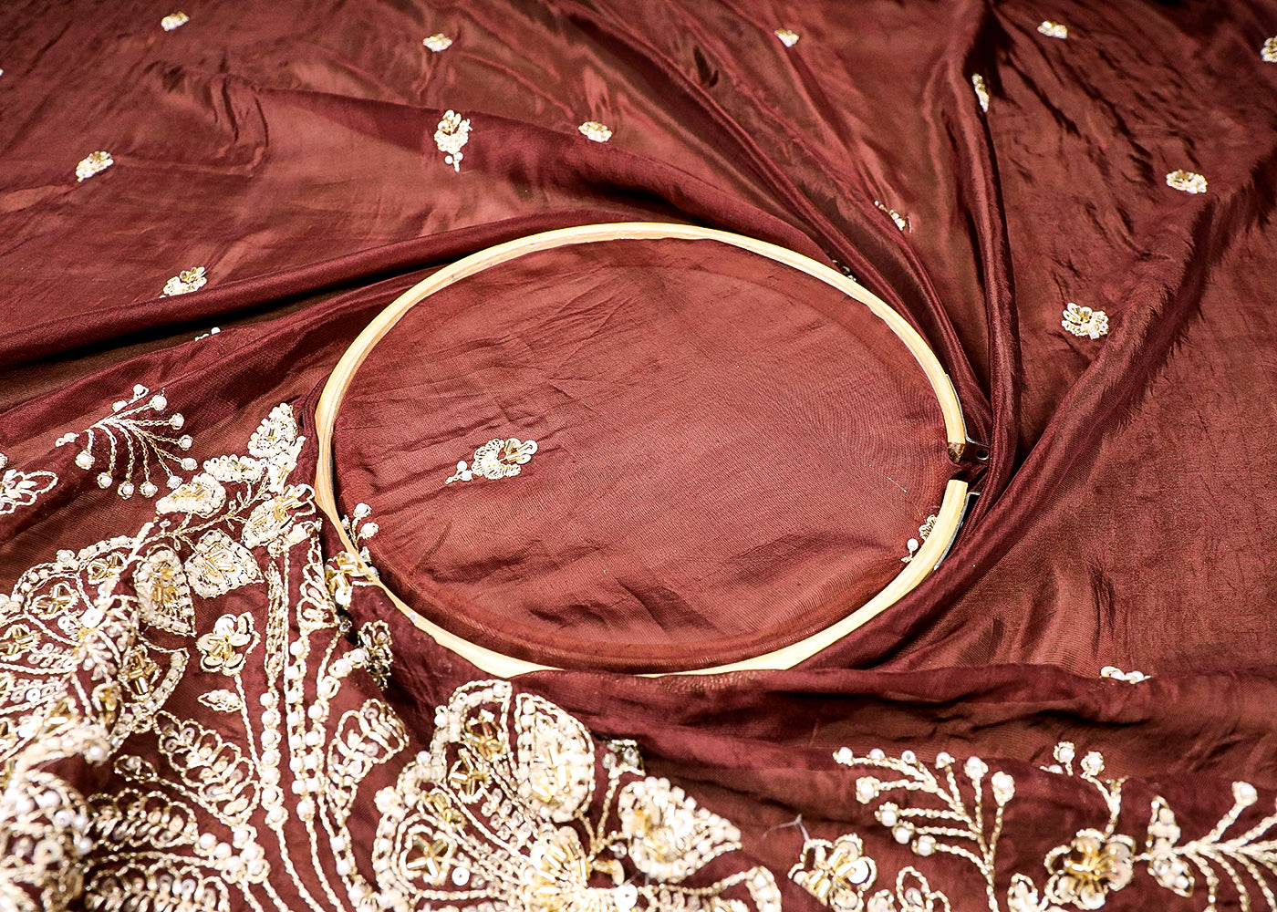 (Pre-Cut 3.75 MTR) Brown Organza Fabric With All Over Bead, Sequins, Katdana And Zari Work With One Side Border 18600