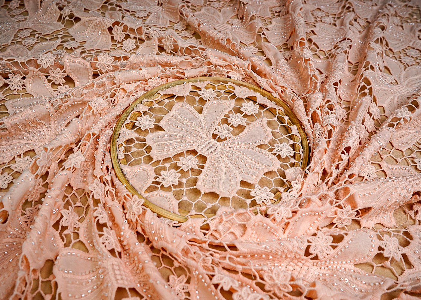 (Pre-Cut 0.9 MTR) Peach Crepe Fabric With All Over Bead And Cutwork 18605