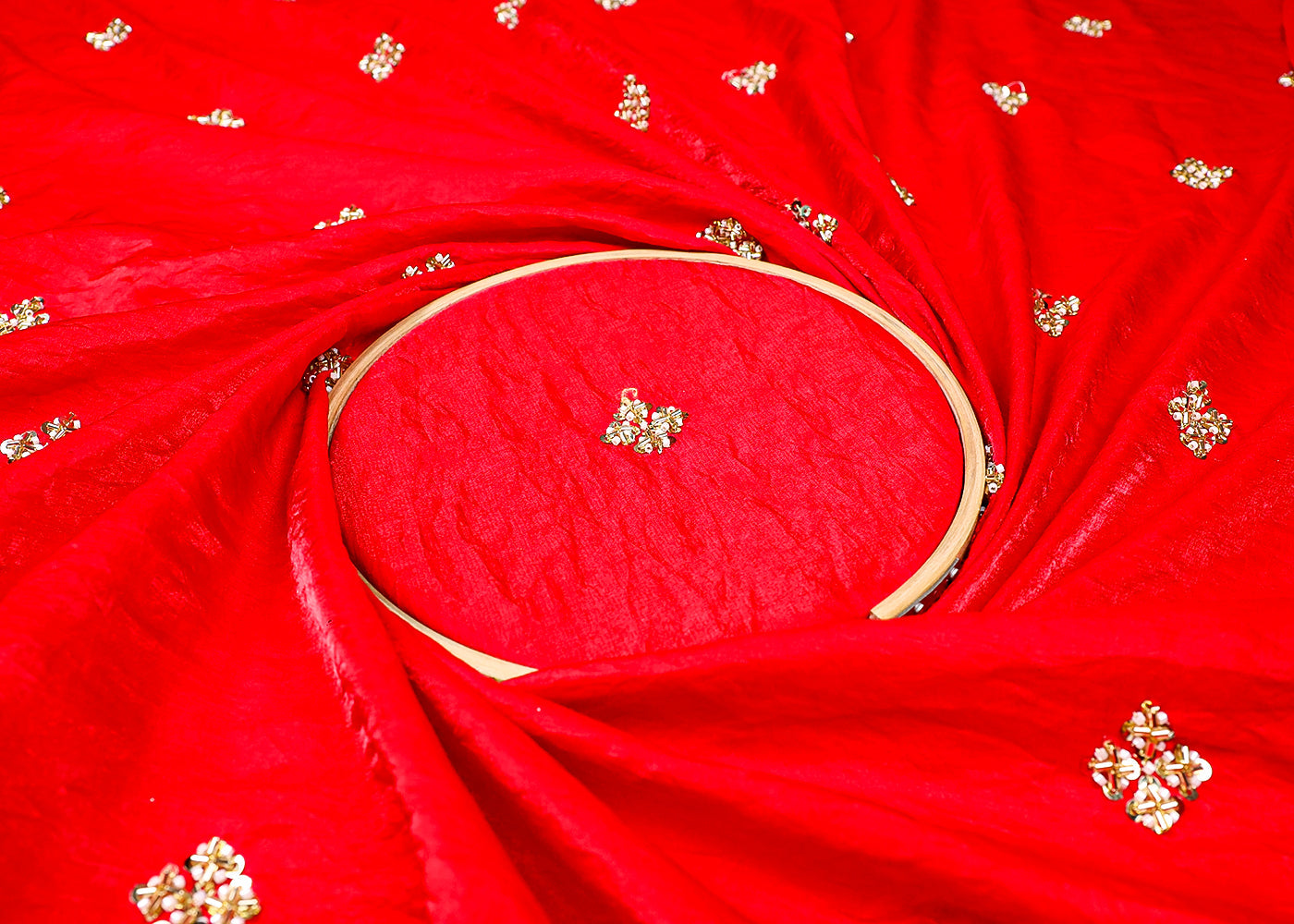 (Pre-Cut 4.4 MTR) Red Diamond Silk Fabric With All Over Katdana, Bead And Sequins Work 18708