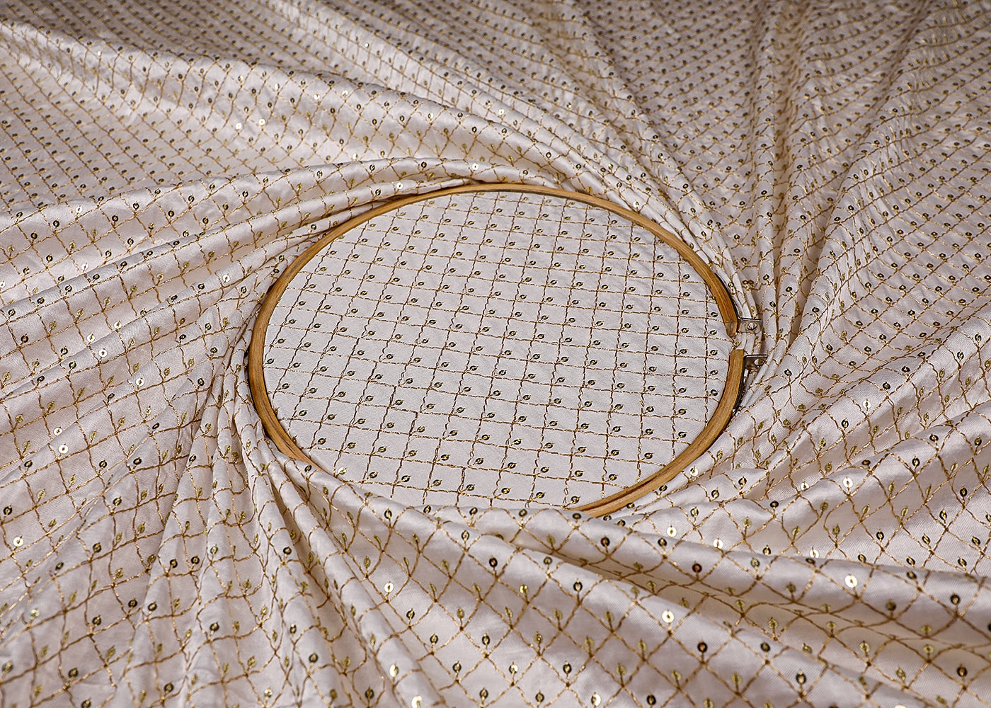 (Pre-Cut 3.1 MTR) White Silk Fabric With All Over Zari And Sequins Work 18709