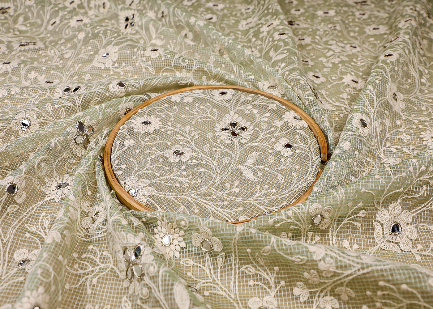 (Pre-Cut 2.55 MTR) Sea Green Kotadoria Fabric With All Over Thread And Faux Mirror Work 18710