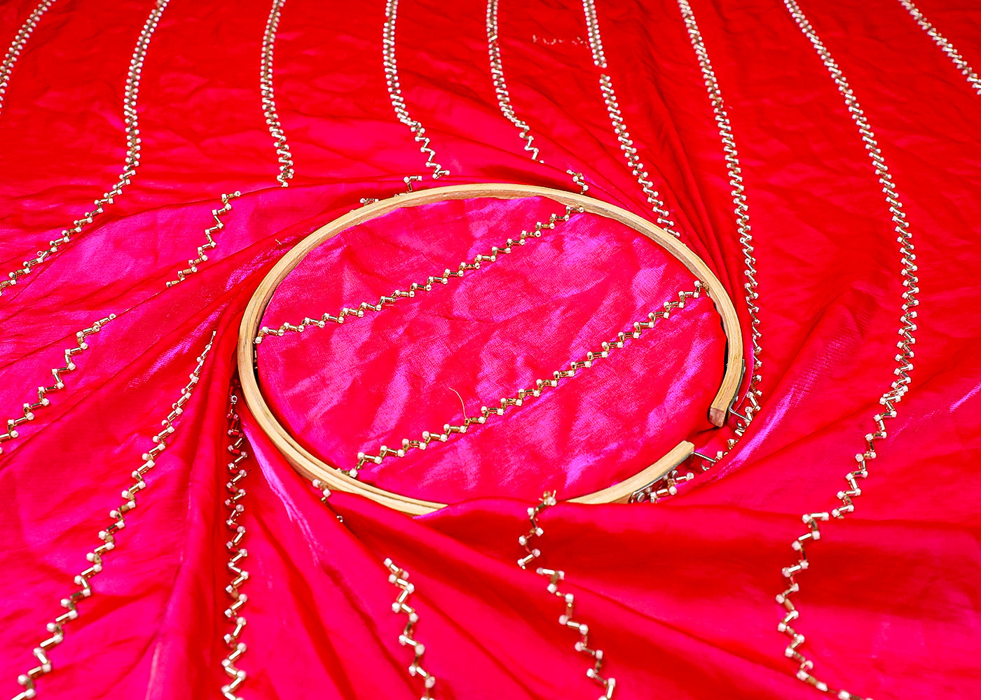 (Pre-Cut 2 MTR) Rani Pink Diamond Tissue Fabric With All Over Bead And Katdana Work 18711