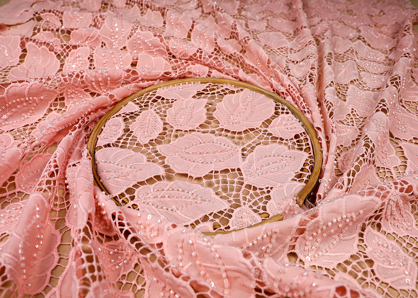 (Pre-Cut 0.7 MTR) Light Pink Crepe Fabric With All Over Bead, Sequins And Cutwork 18712