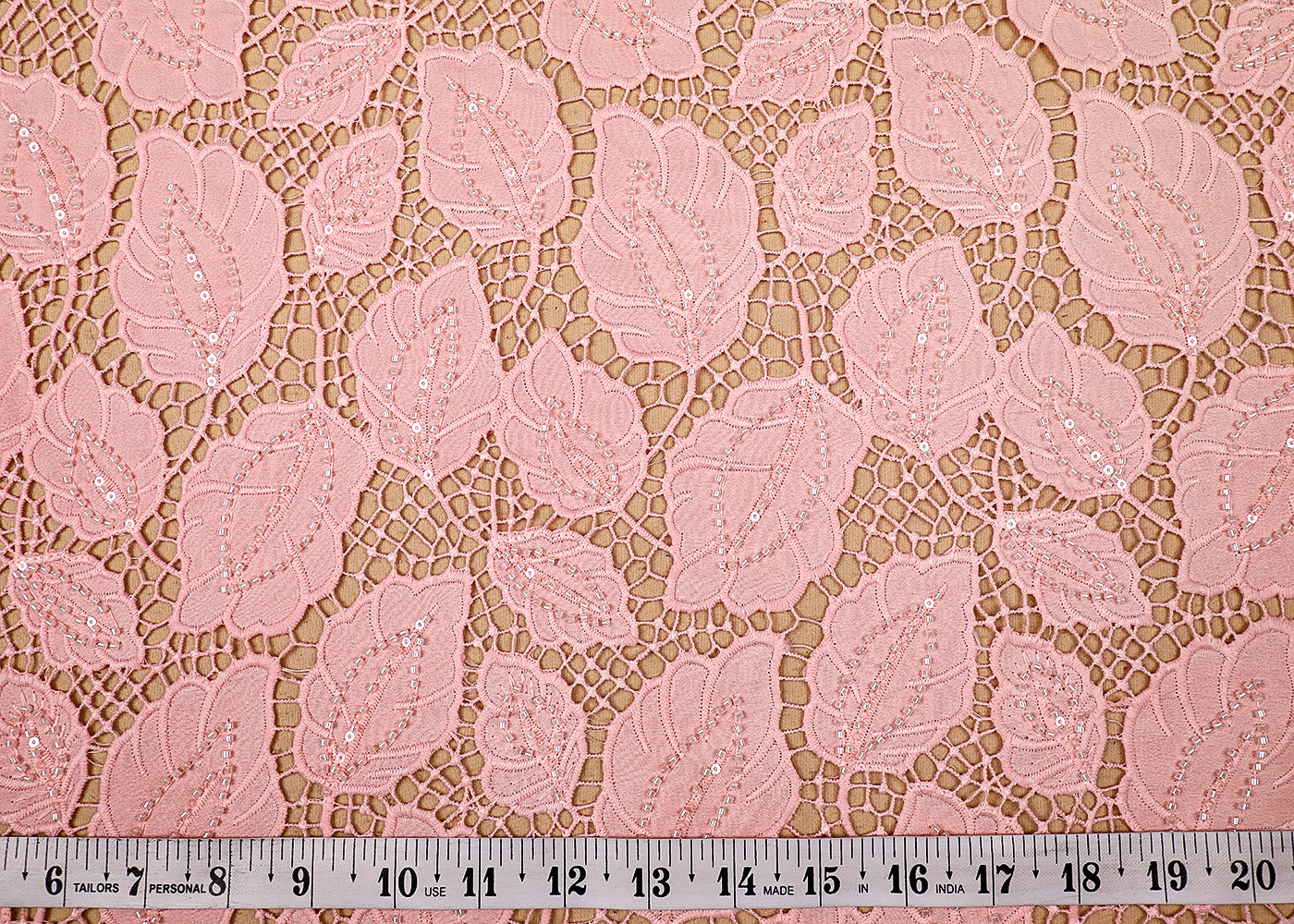 (Pre-Cut 0.7 MTR) Light Pink Crepe Fabric With All Over Bead, Sequins And Cutwork 18712