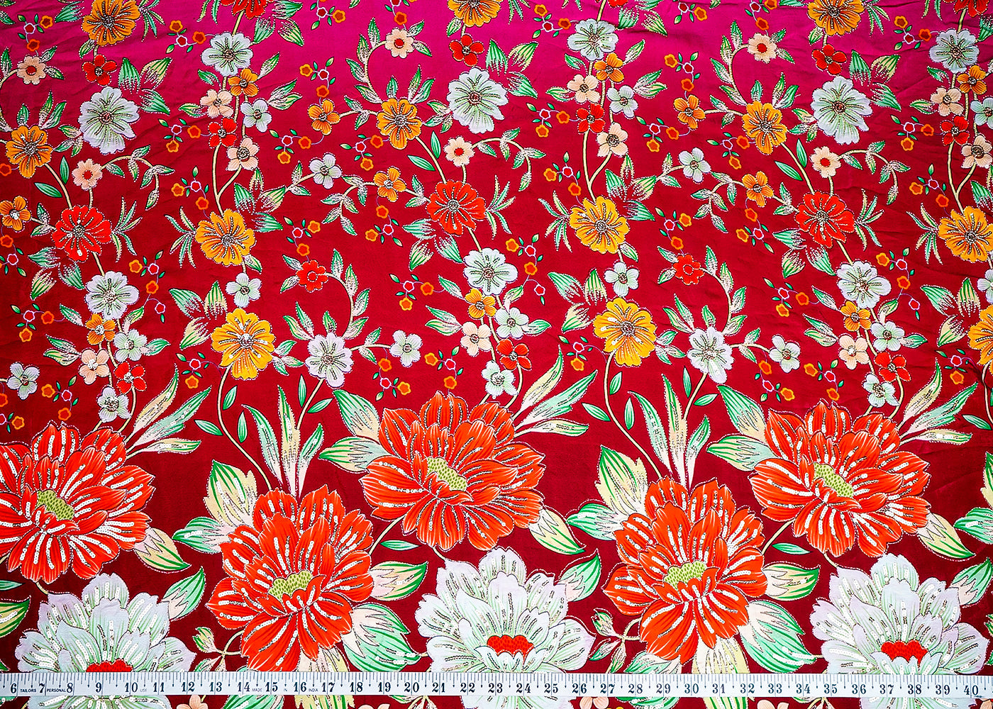 (Pre-Cut 2 MTR) Maroon And Pink Crepe Fabric With Ombre Shade With All Over Floral Print And Sequins Zari Work 18715