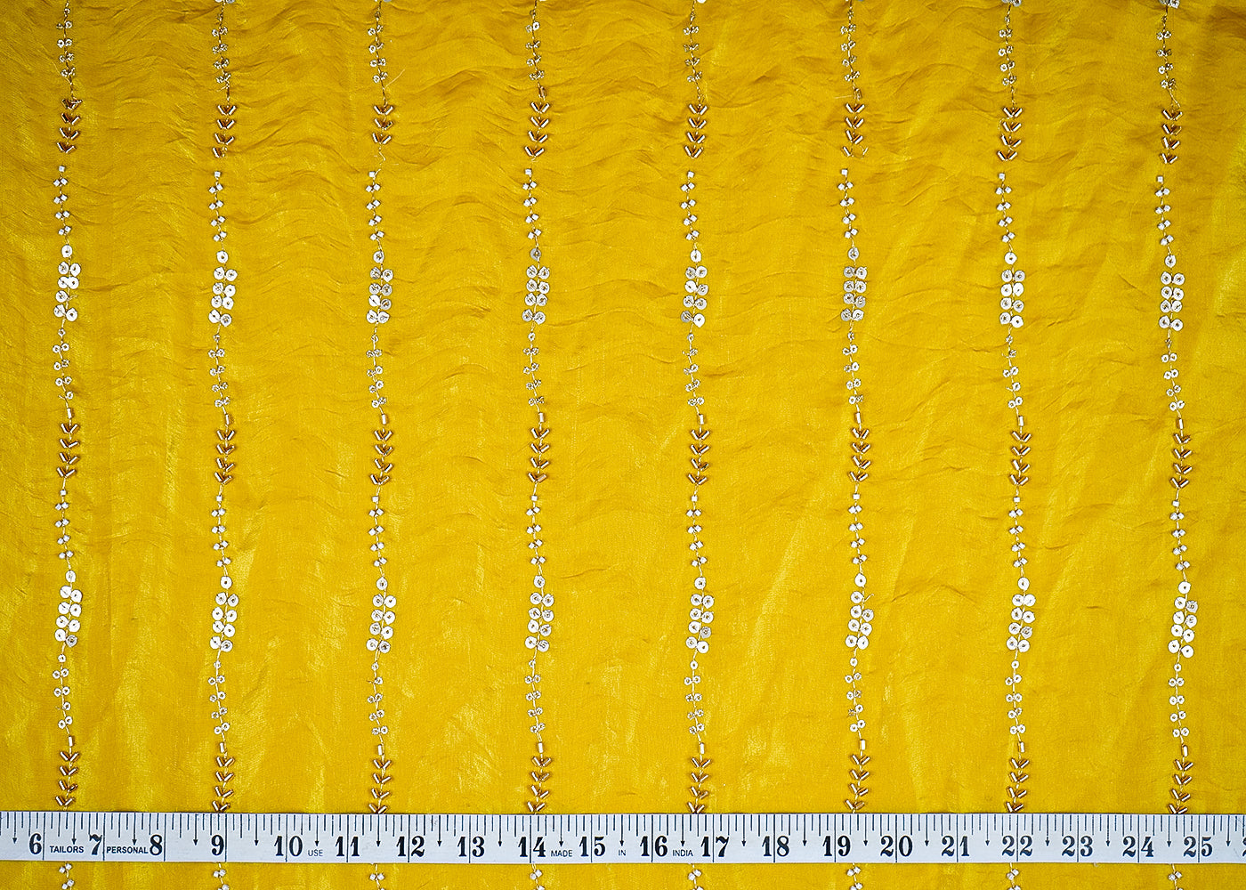 (Pre-Cut 4.2 MTR) Lemon Diamond Tissue Fabric With All Over Bead And Katdana Work 18716
