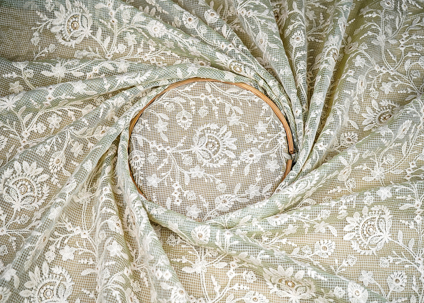 (Pre-Cut 1.7 MTR) Sea Green Kotadoria Fabric With All Over Thread And Faux Mirror Work 18720