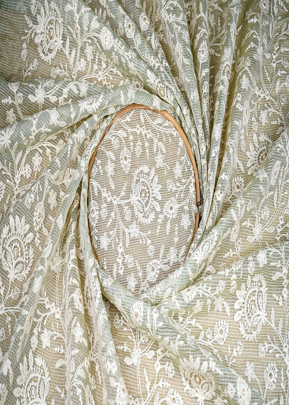 (Pre-Cut-1.7-MTR)-Sea-Green-Kotadoria-Fabric-With-All-Over-Thread-And-Faux-Mirror-Work-18720