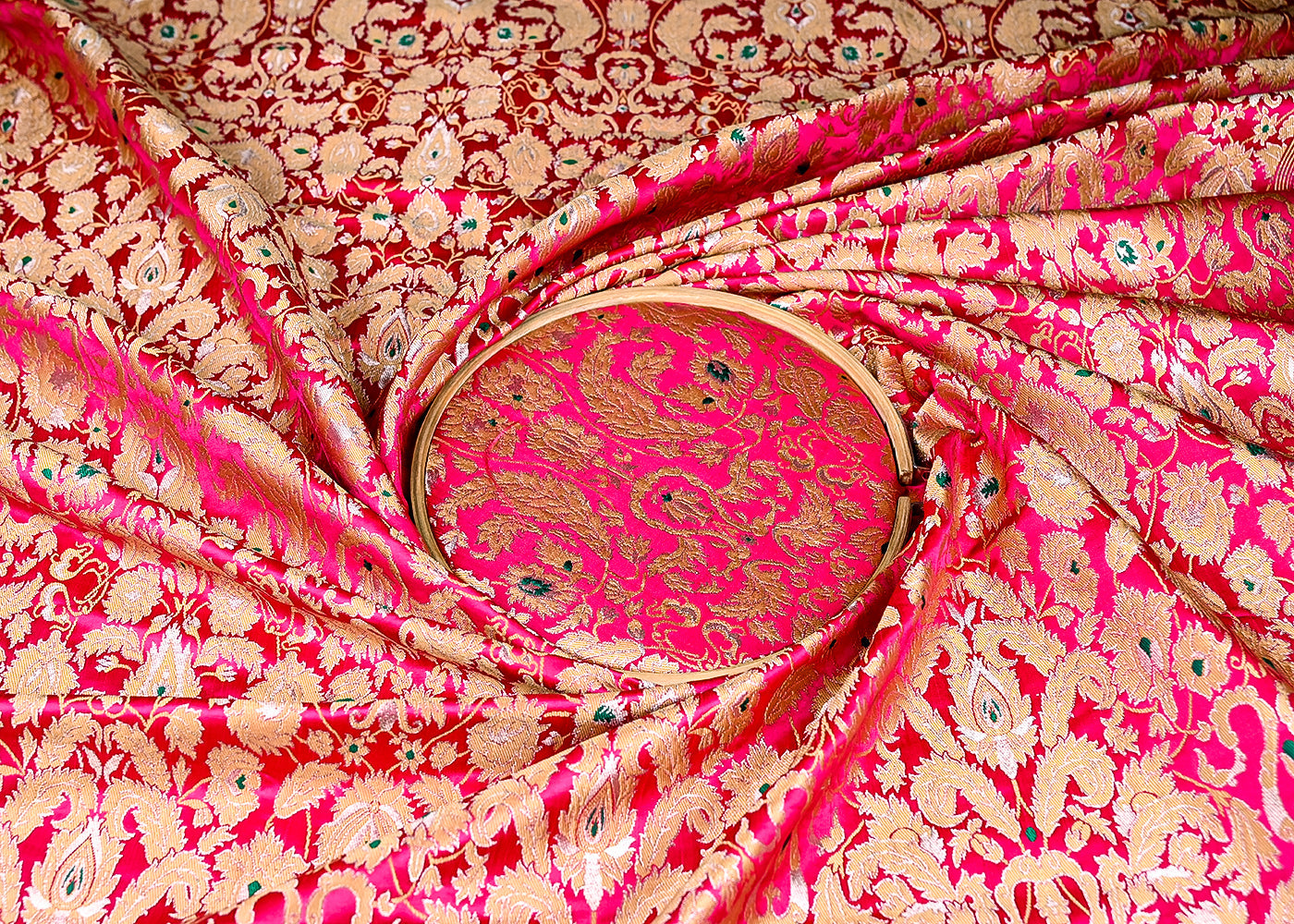 (Pre-Cut 1.1 MTR) Rani Pink Banarasi Brocade Fabric With All Over Thread And Zari Handloom 18731
