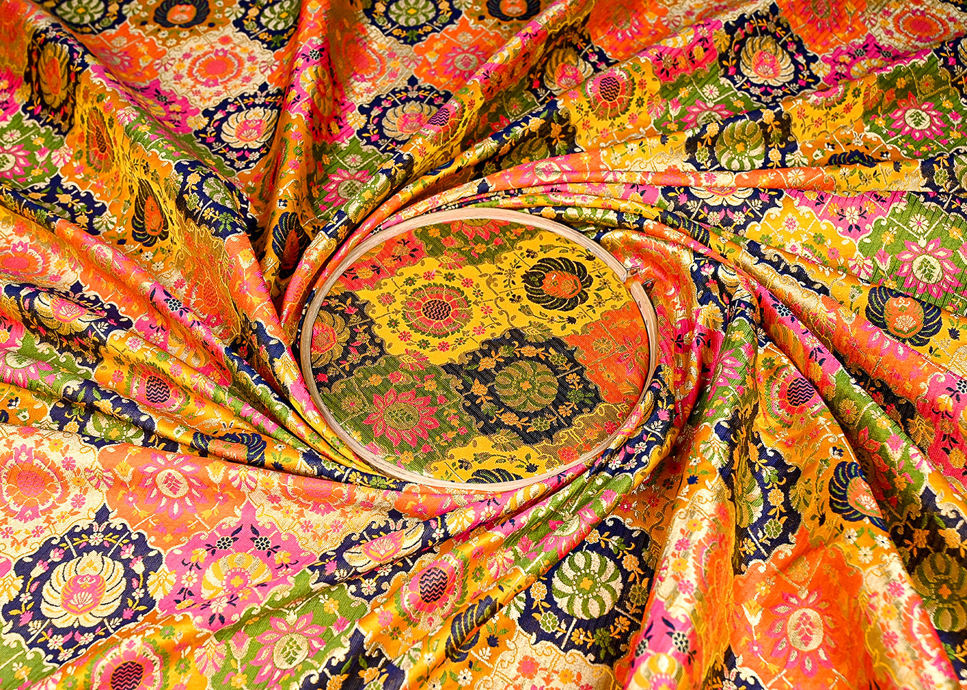 (Pre-Cut 1.25 MTR) Mustard Banarasi Brocade Fabric With All Over Thread And Zari Handloom 18732