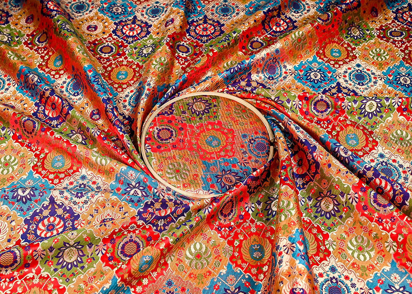 (Pre-Cut 1.6 MTR) Red Banarasi Brocade Fabric With All Over Thread And Zari Handloom 18733