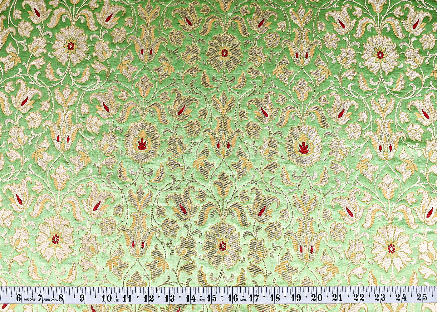 (Pre-Cut 1 MTR) Mint Green Banarasi Brocade Fabric With All Over Thread And Zari Handloom 18737
