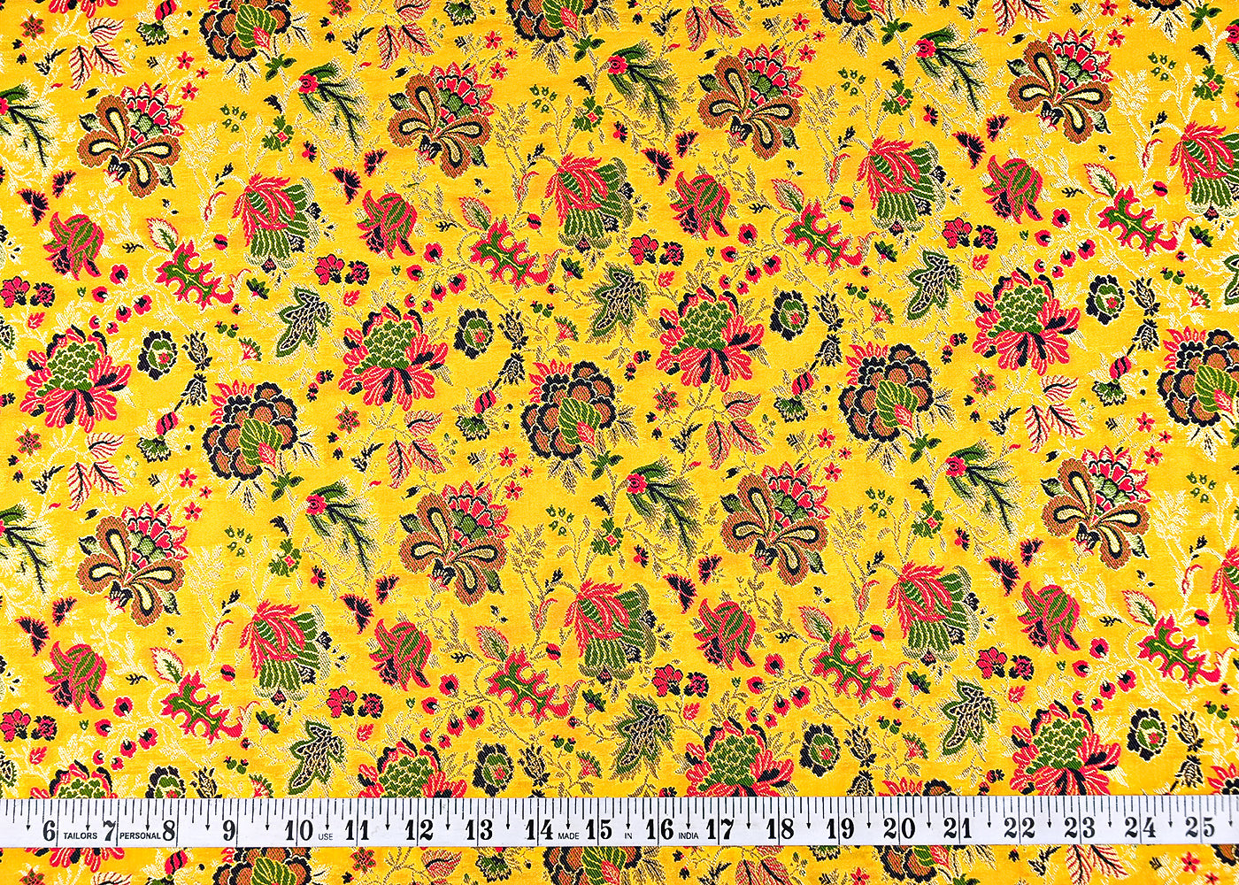 (Pre-Cut 2.2 MTR) Yellow Banarasi Brocade Fabric With All Over Thread And Zari Handloom 18748