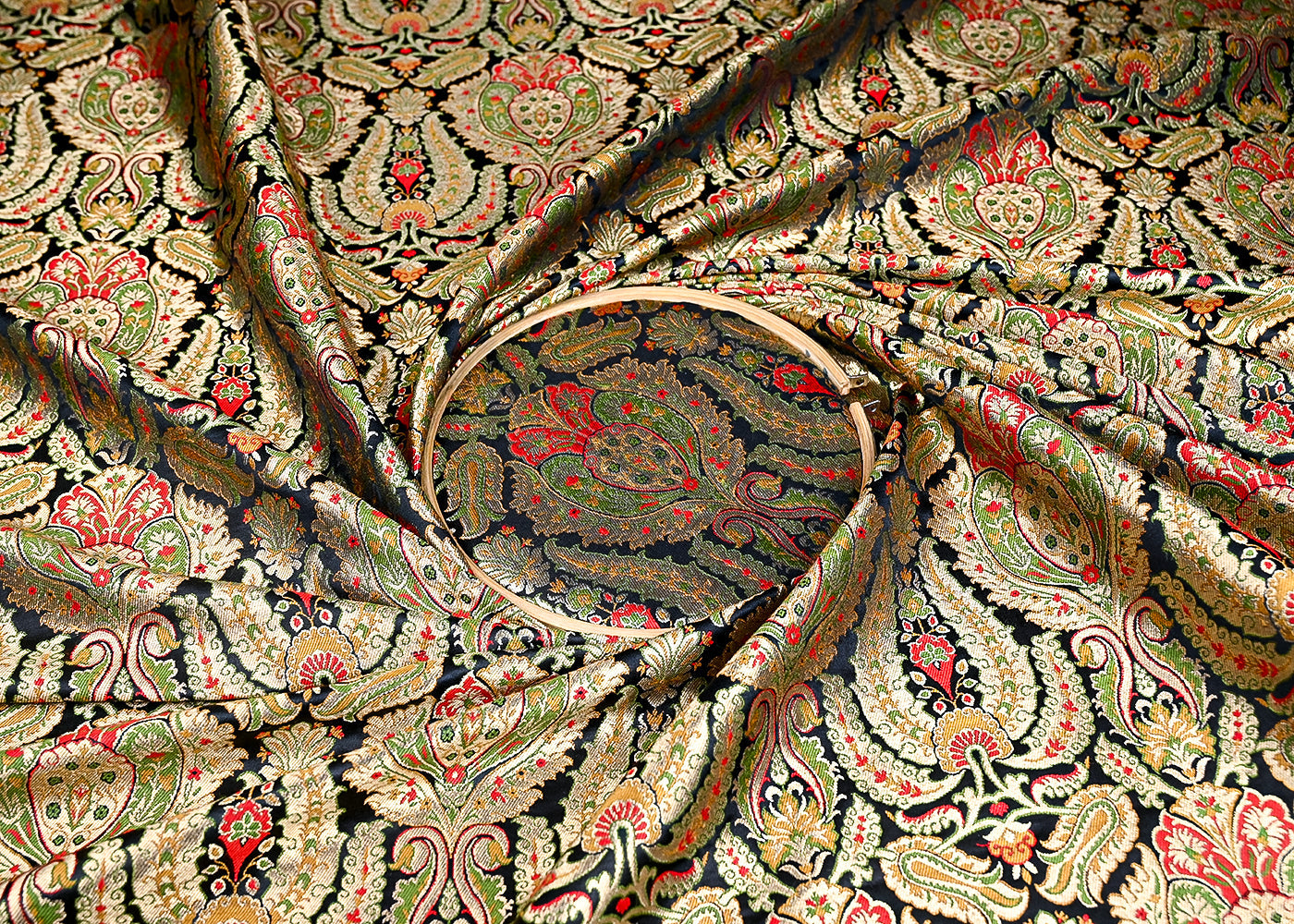 (Pre-Cut 1.1 MTR) Black Banarasi Brocade Fabric With All Over Thread And Zari Handloom 18749