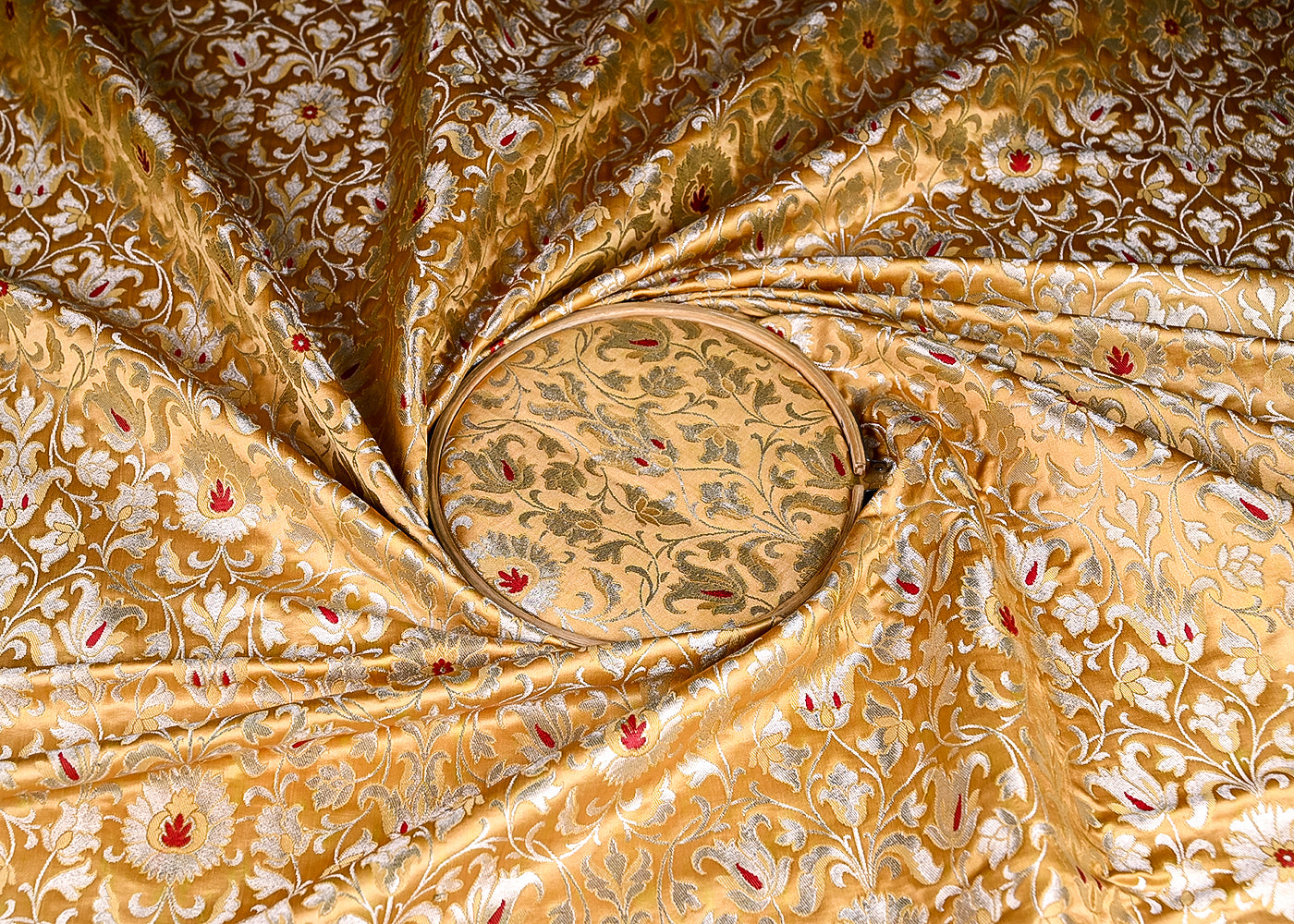 (Pre-Cut 1.3 MTR) Camel Banarasi Brocade Fabric With All Over Thread And Zari Handloom 18750