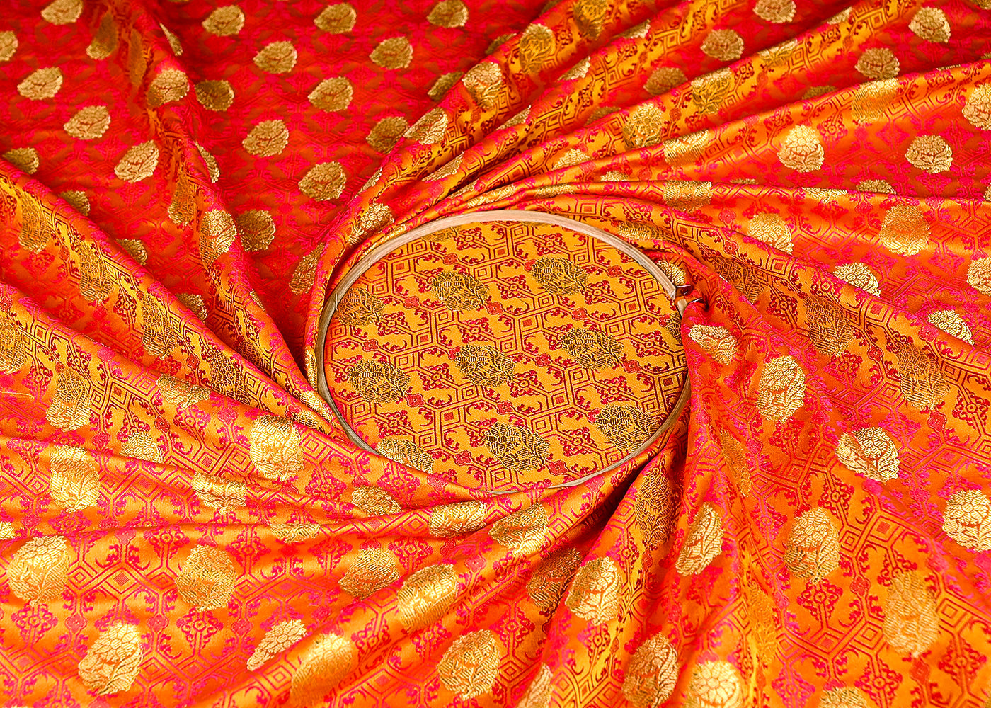 (Pre-Cut 2.4 MTR) Mustard Banarasi Brocade Fabric With All Over Thread And Zari Handloom 18758