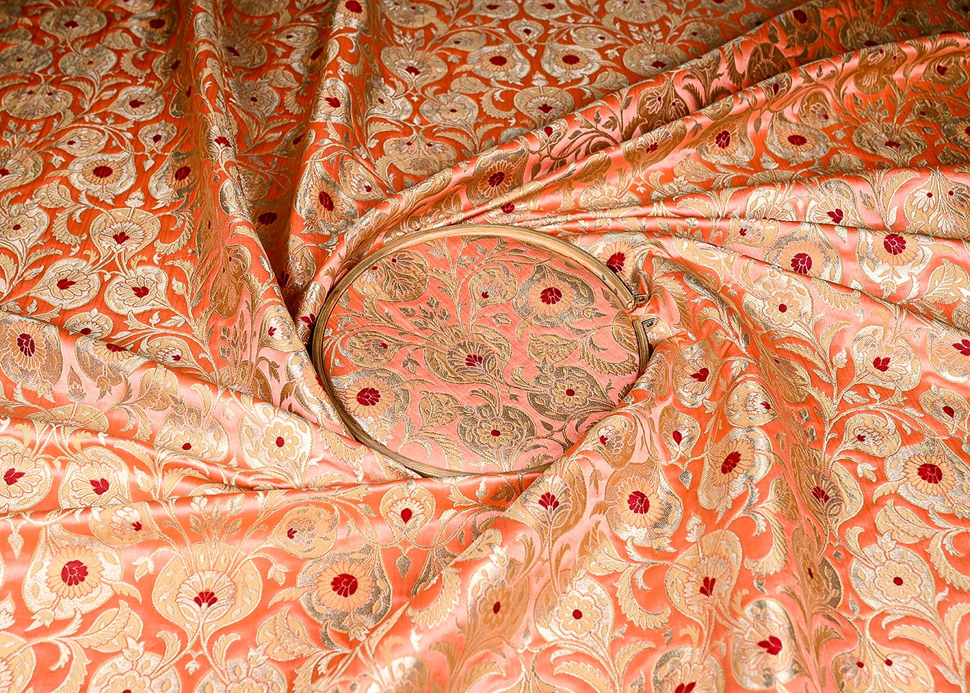 (Pre-Cut 1.85 MTR) Peach Banarasi Brocade Fabric With All Over Thread And Zari Handloom 18760