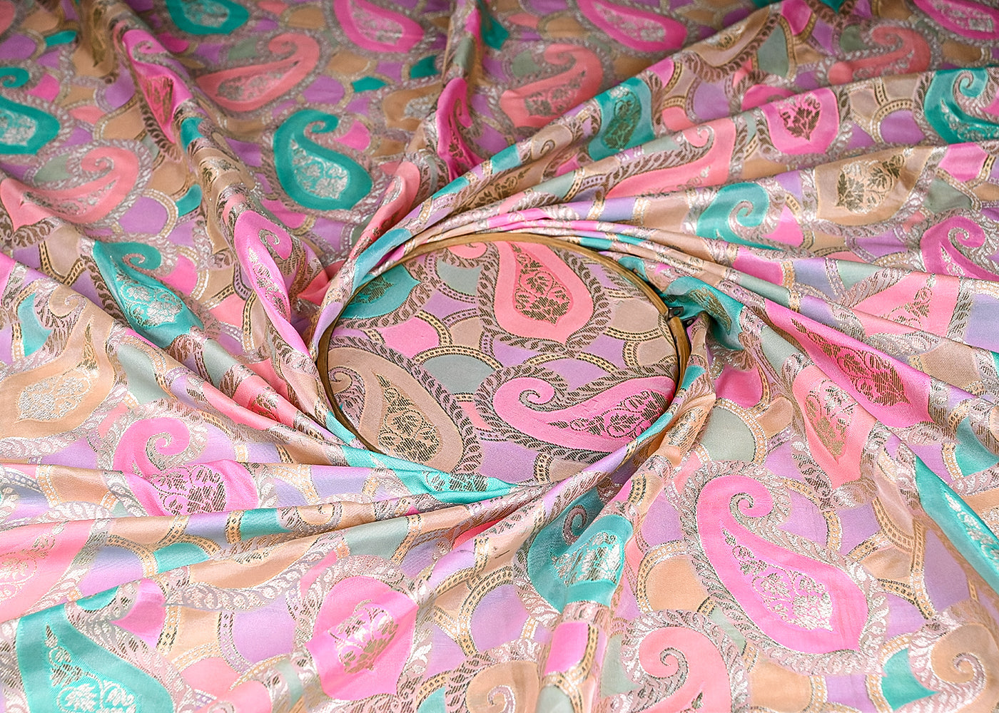 (Pre-Cut 1.1 MTR) Multi-Color Banarasi Brocade Fabric With All Over Golden Zari Handloom 18761