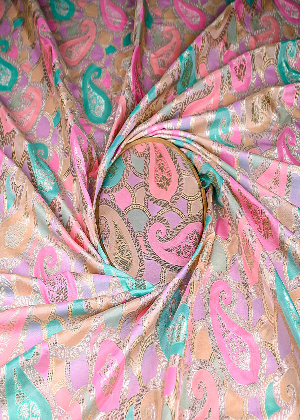 (Pre-Cut 1.1 MTR) Multi-Color Banarasi Brocade Fabric With All Over Golden Zari Handloom 18761