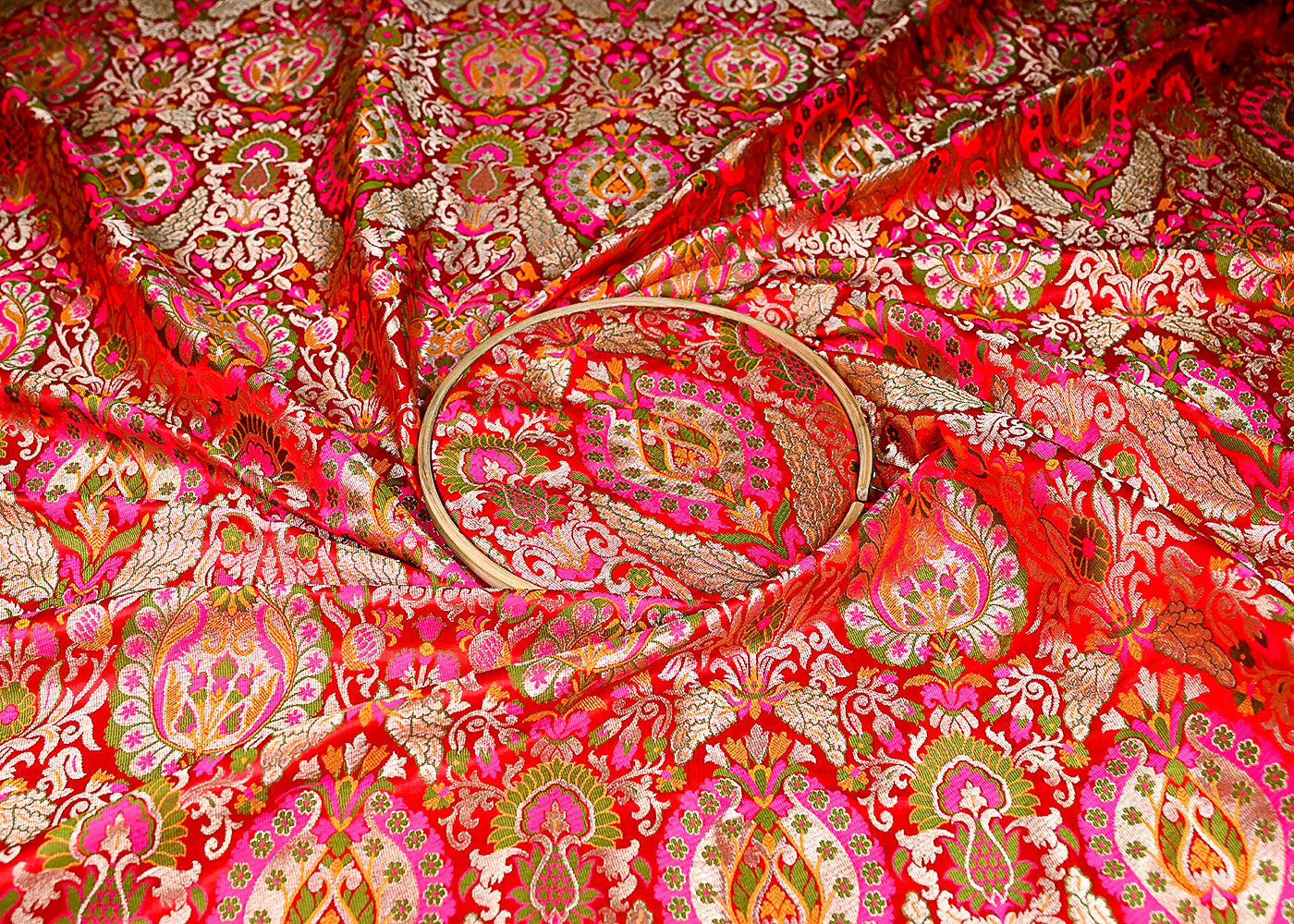 (Pre-Cut 1.8 MTR) Red Banarasi Brocade Fabric With All Over Thread And Zari Handloom 18764