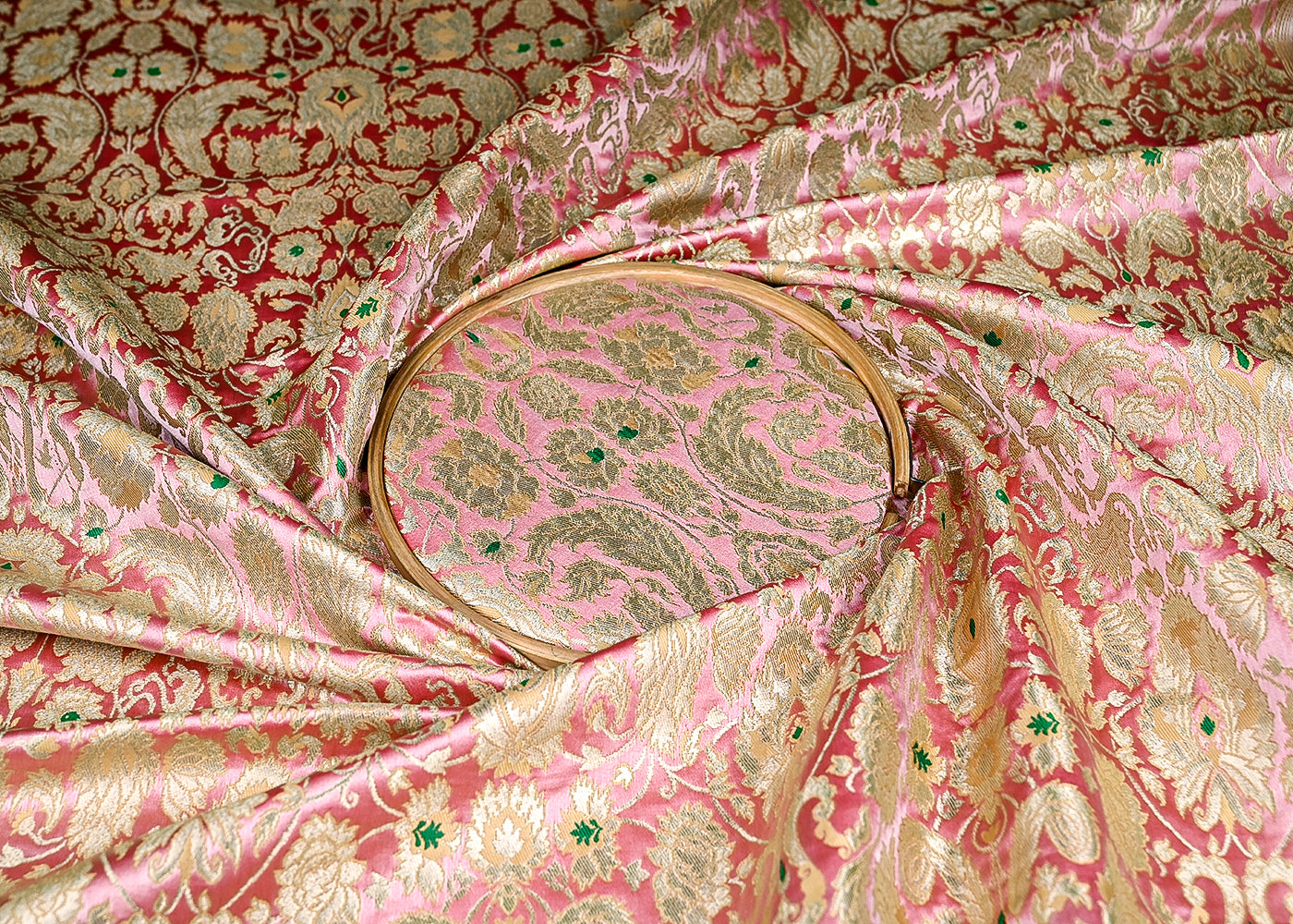 (Pre-Cut 1.7 MTR) Baby Pink Banarasi Brocade Fabric With All Over Thread And Zari Handloom 18766