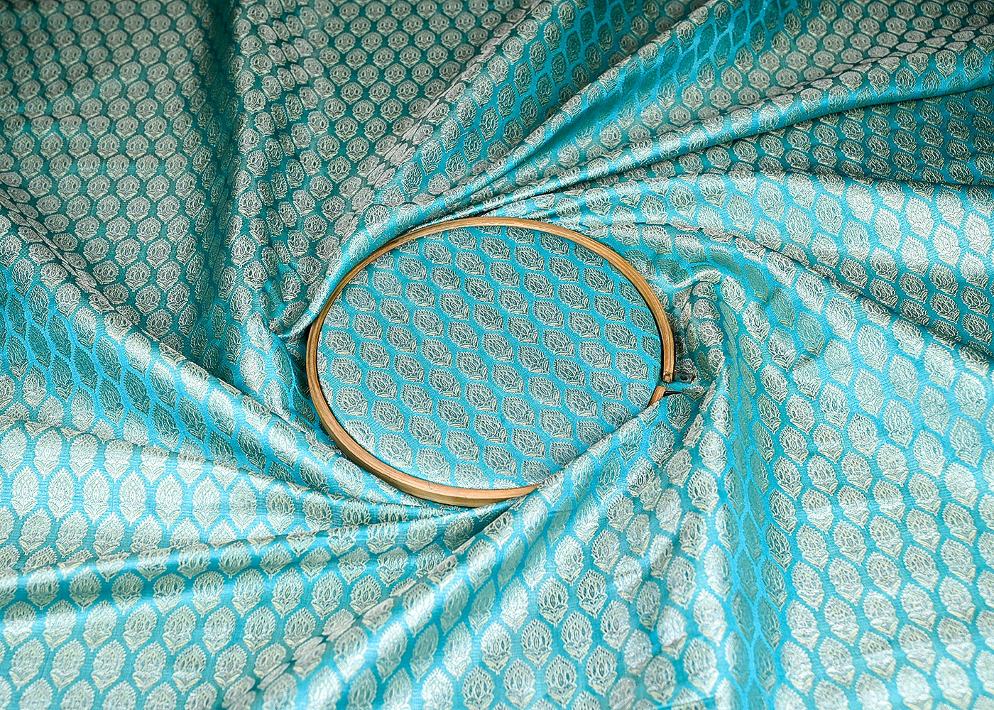 (Pre-Cut 2.45 MTR) Sky Blue Banarasi Brocade Fabric With All Over Golden Zari Handloom 18772