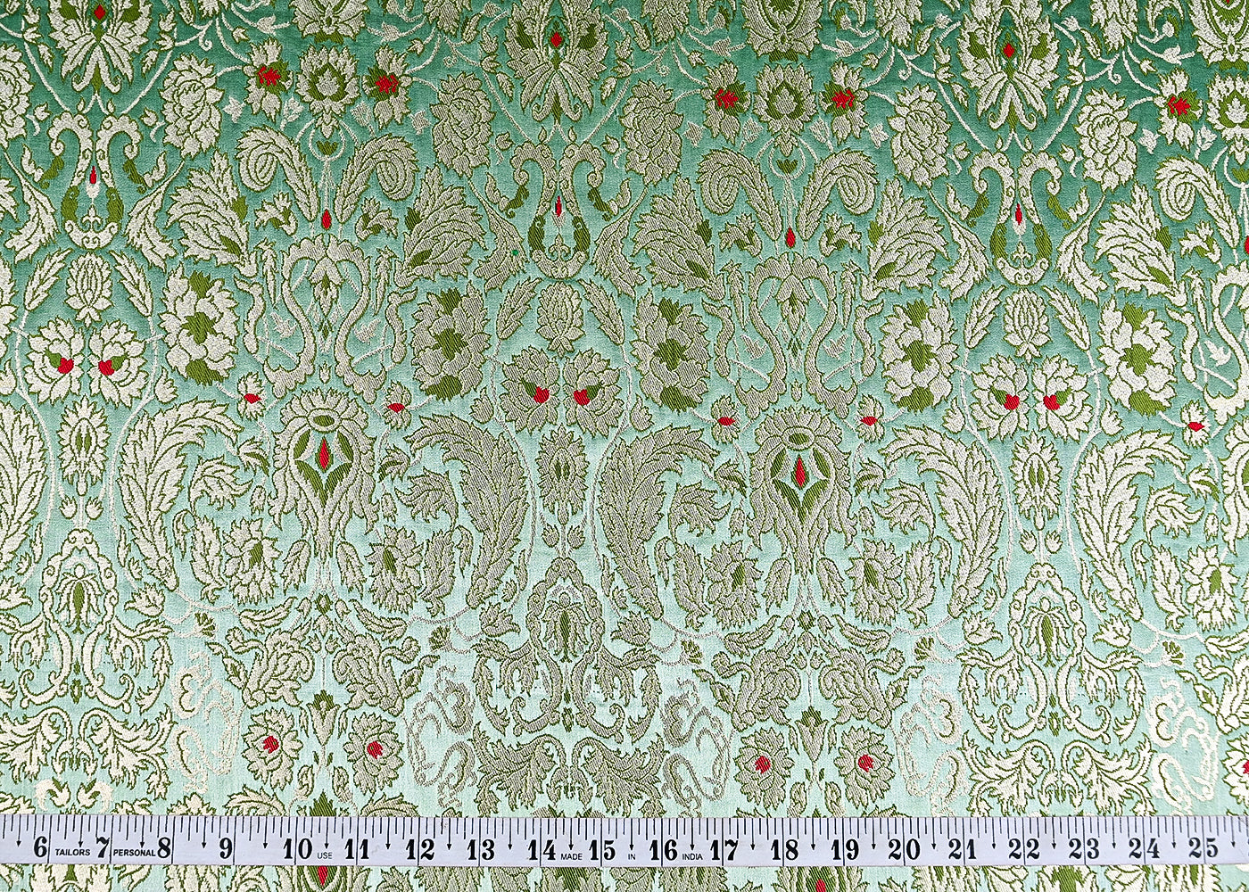 (Pre-Cut 2 MTR) Green Banarasi Brocade Fabric With All Over Thread And Zari Handloom 18773