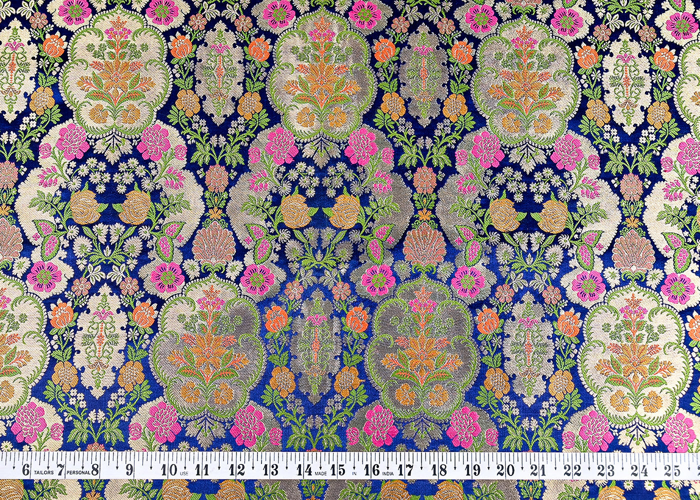 (Pre-Cut 3.4 MTR) Navy Blue Banarasi Brocade Fabric With All Over Thread And Zari Handloom 18774