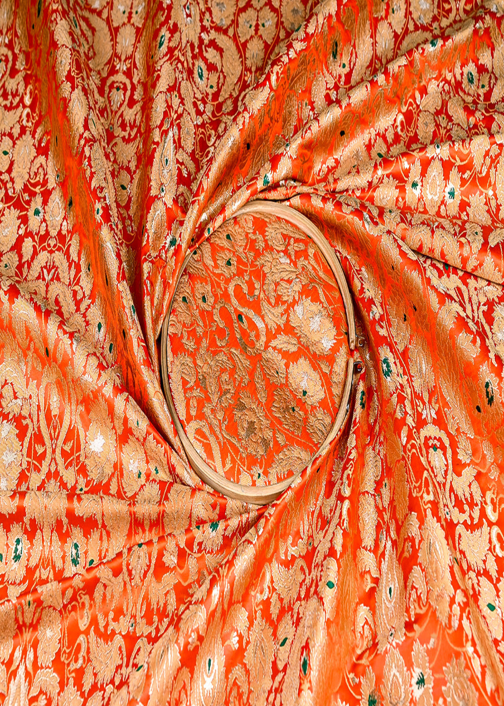 (Pre-Cut-2.35-MTR)-Deep-Orange-Banarasi-Brocade-Fabric-With-All-Over-Thread-And-Zari-Handloom-18775