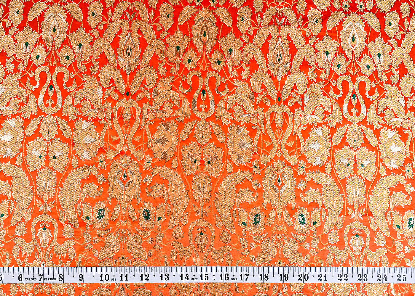 (Pre-Cut 2.35 MTR) Deep Orange Banarasi Brocade Fabric With All Over Thread And Zari Handloom 18775