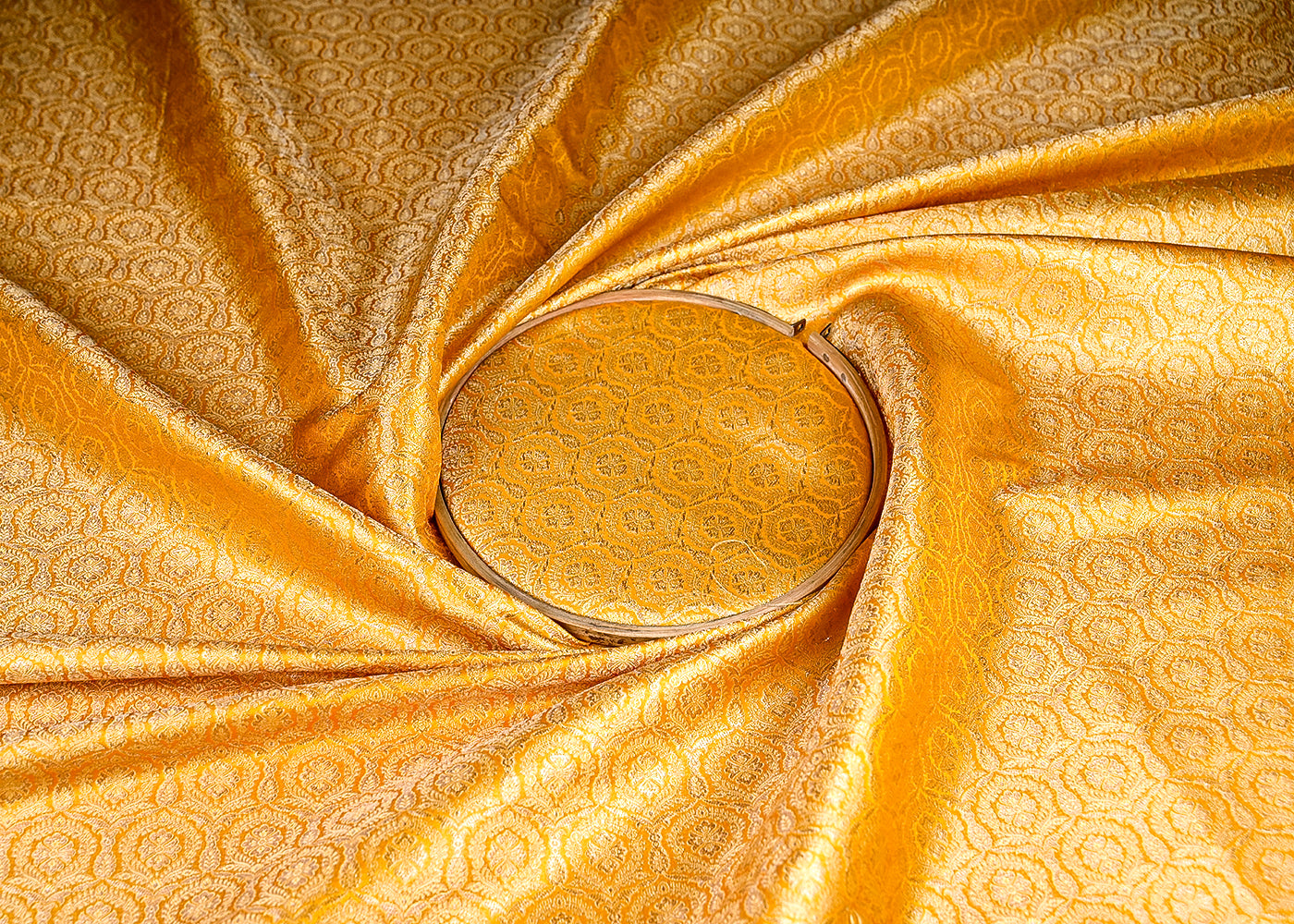 (Pre-Cut 1.8 MTR) Yellow Banarasi Brocade Fabric With All Over Golden Zari Handloom 18778