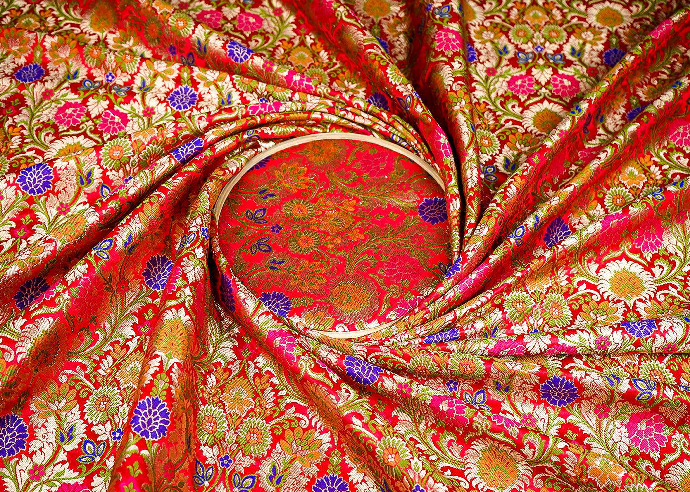 (Pre-Cut 1.5 MTR) Red Banarasi Brocade Fabric With All Over Thread And Zari Handloom 18779