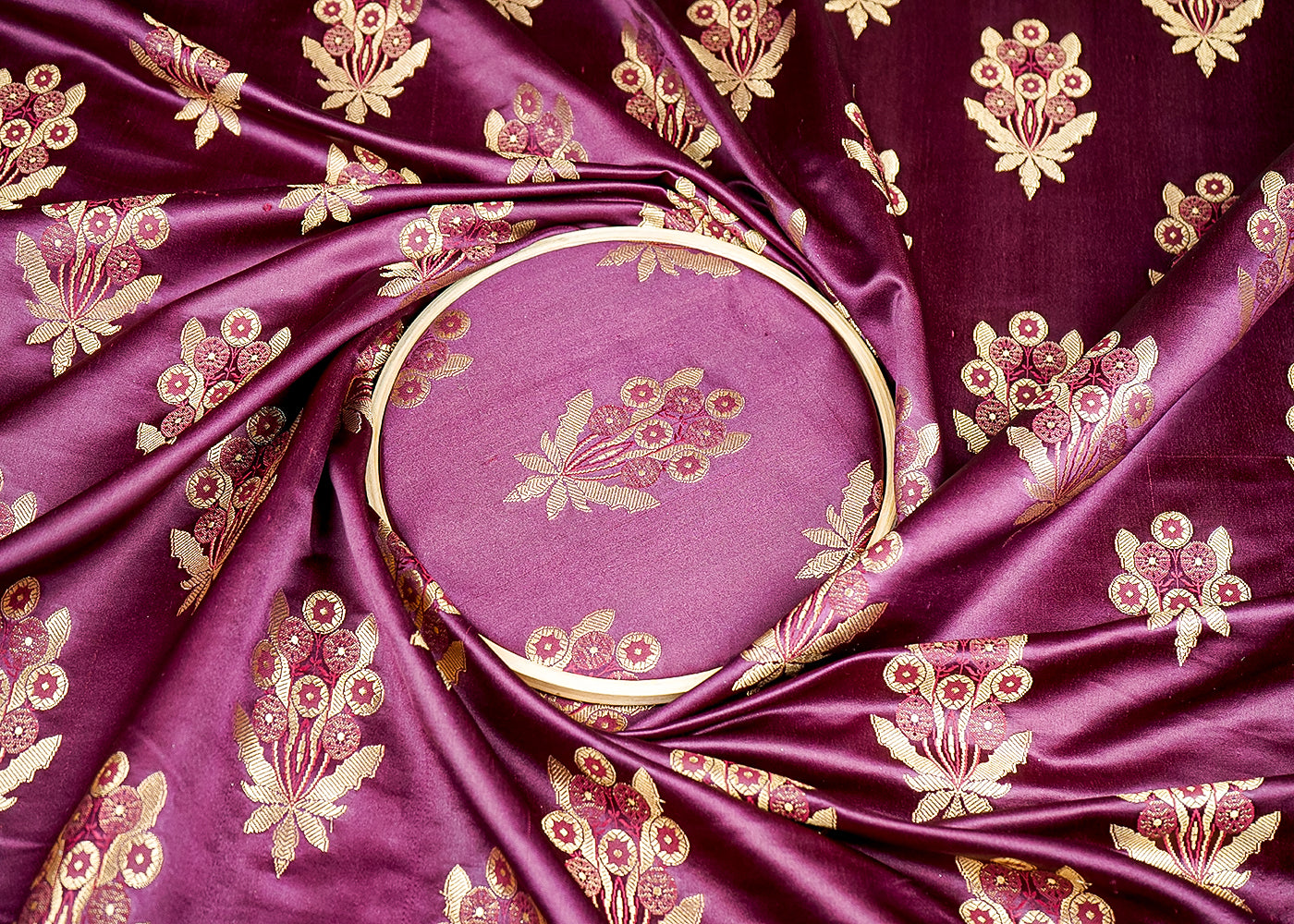 (Pre-Cut 2.5 MTR) Wine Banarasi Brocade Fabric With All Over Golden Zari Handloom 18780