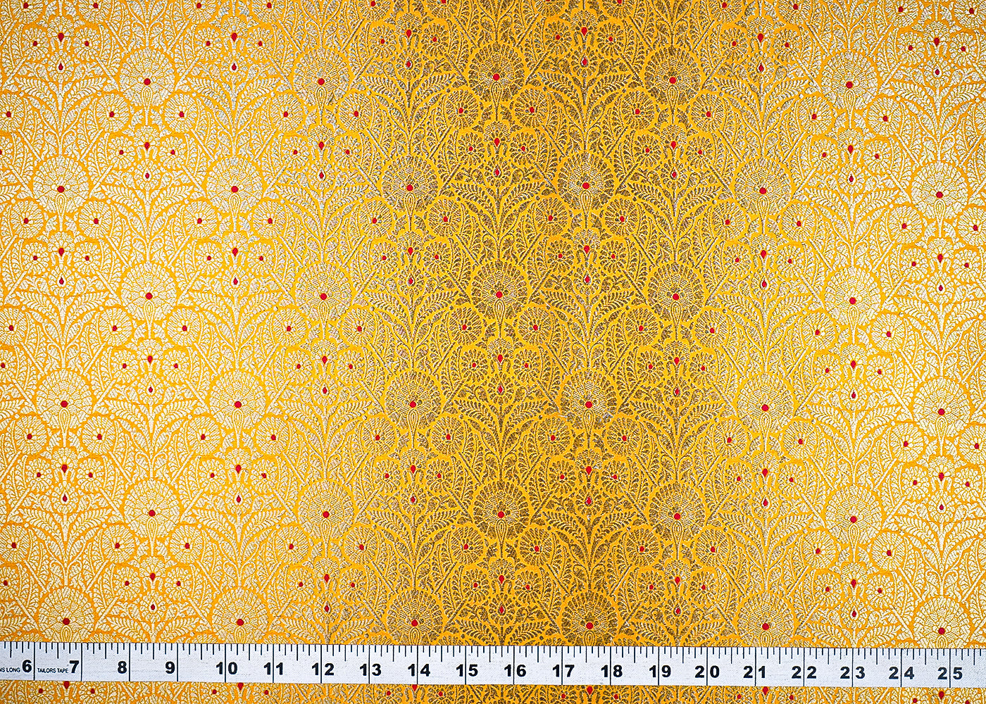 (Pre-Cut 2.2 MTR) Yellow Banarasi Brocade Fabric With All Over Thread And Zari Handloom 18782