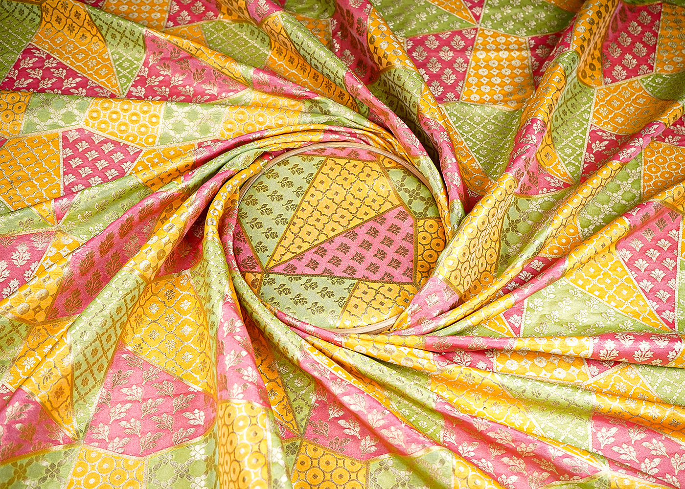 (Pre-Cut 1.45 MTR) Multi-Color Banarasi Brocade Fabric With All Over Golden Zari Handloom 18789