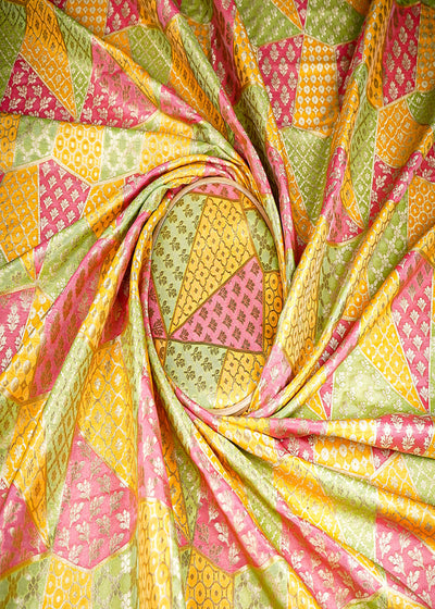 (Pre-Cut 1.45 MTR) Multi-Color Banarasi Brocade Fabric With All Over Golden Zari Handloom 18789