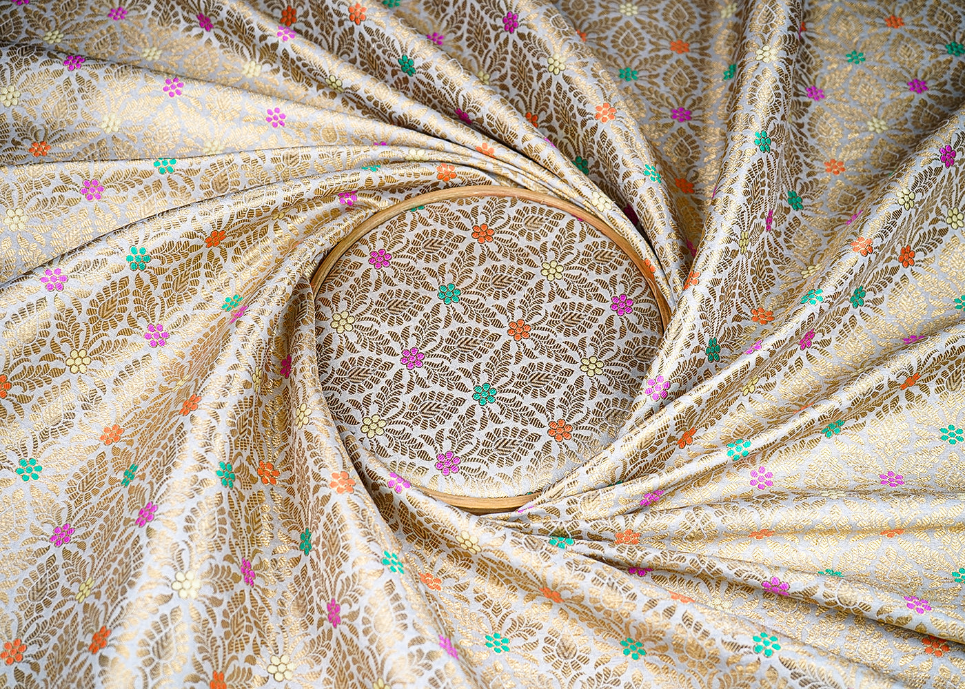 (Pre-Cut 2.1 MTR) Ivory Banarasi Brocade Fabric With All Over Thread And Zari Handloom 18790