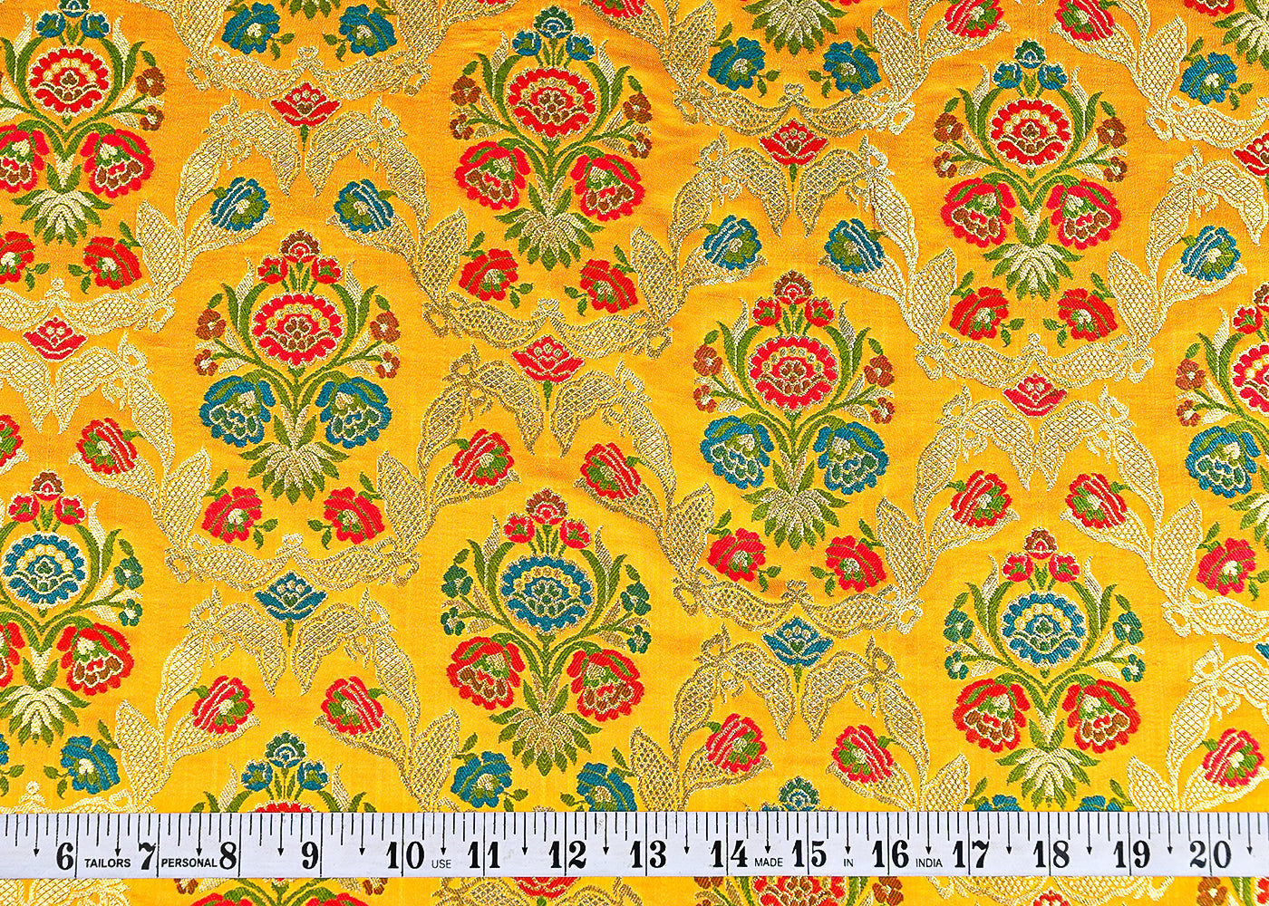 (Pre-Cut 1.9 MTR) Yellow Banarasi Brocade Fabric With All Over Thread And Zari Handloom 18796