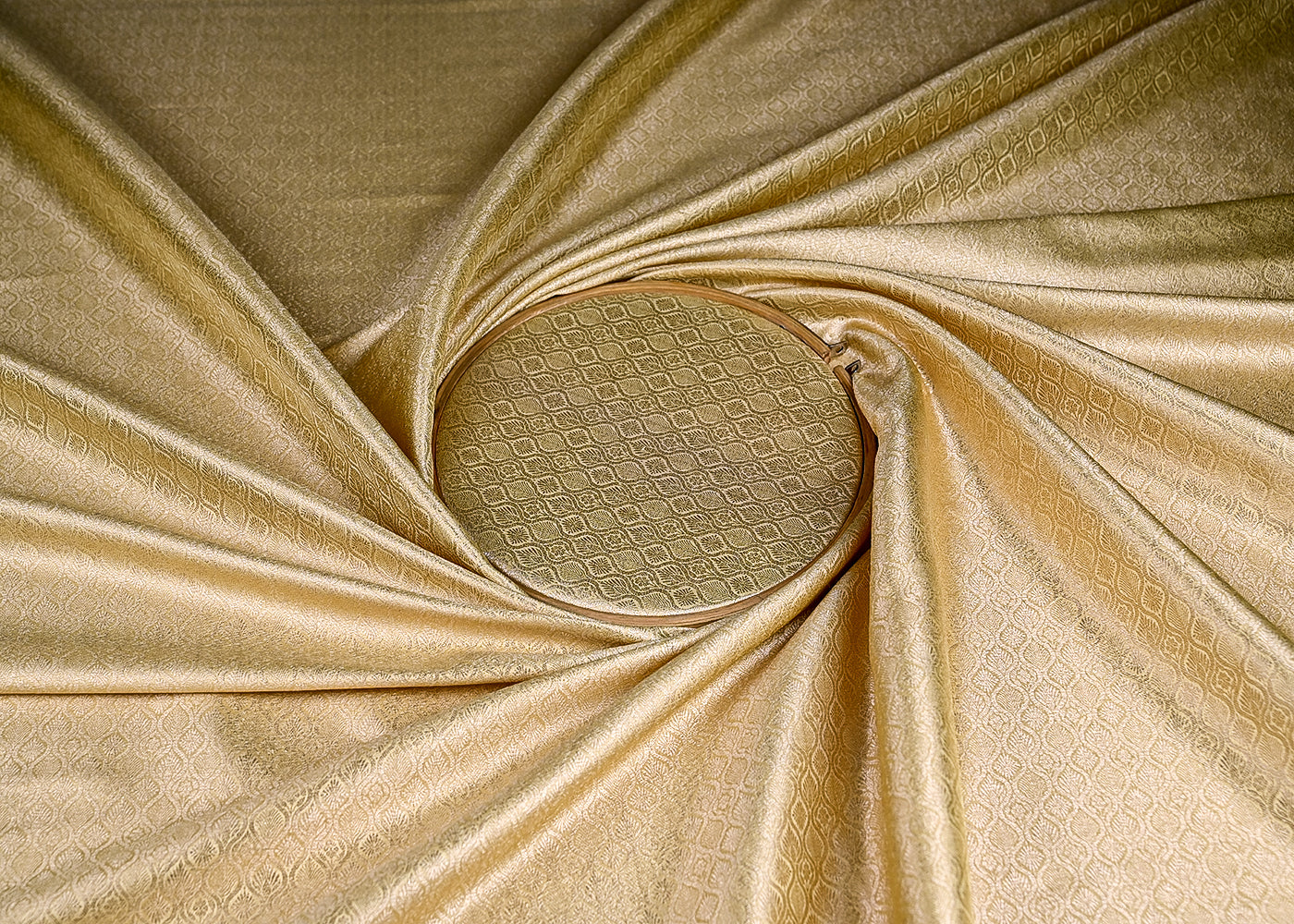 (Pre-Cut 1.6 MTR) Cream Banarasi Brocade Fabric With All Over Golden Zari Handloom 18799