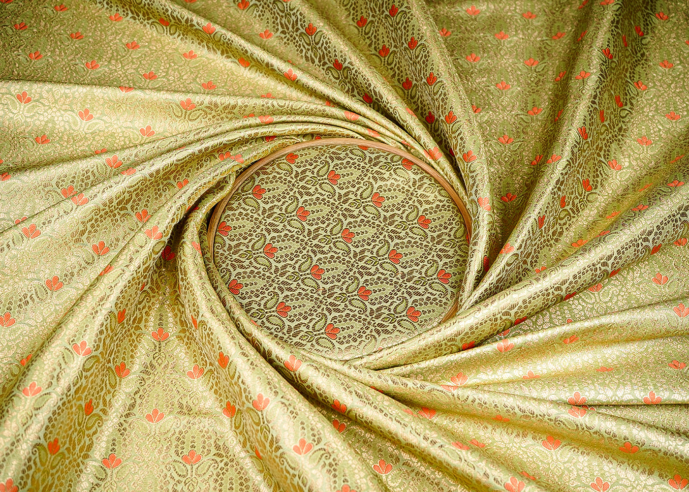 (Pre-Cut 2.9 MTR) Pista Green Banarasi Brocade Fabric With All Over Thread And Zari Handloom 18802