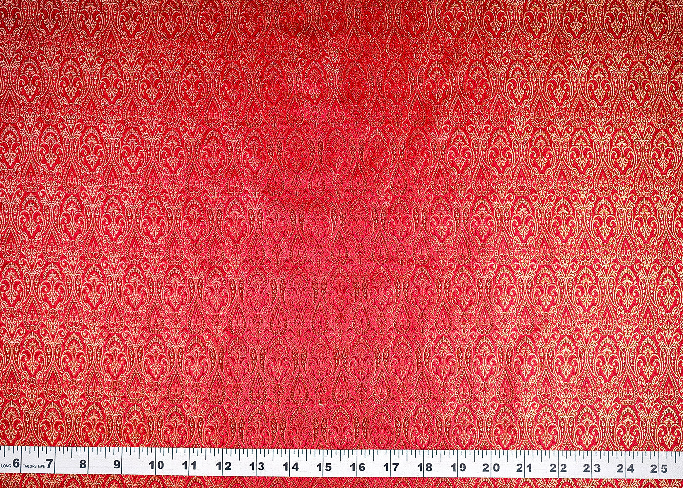 (Pre-Cut 2.1 MTR) Red Banarasi Brocade Fabric With All Over Golden Zari Handloom 18806