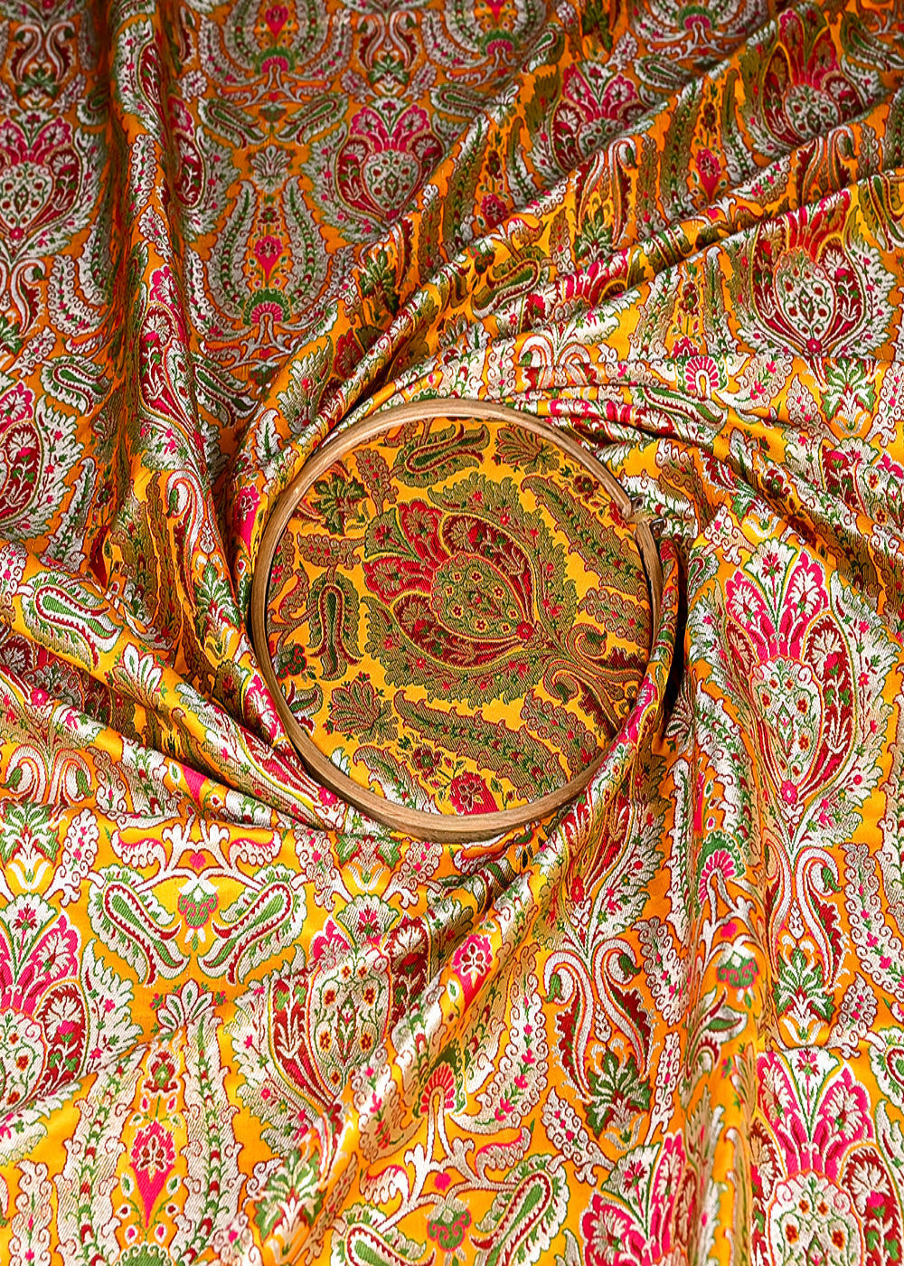 (Pre-Cut-1.6-Mtr)-Yellow-Banarasi-Brocade-Fabric-With-All-Over-Thread-And-Zari-Handloom-18809