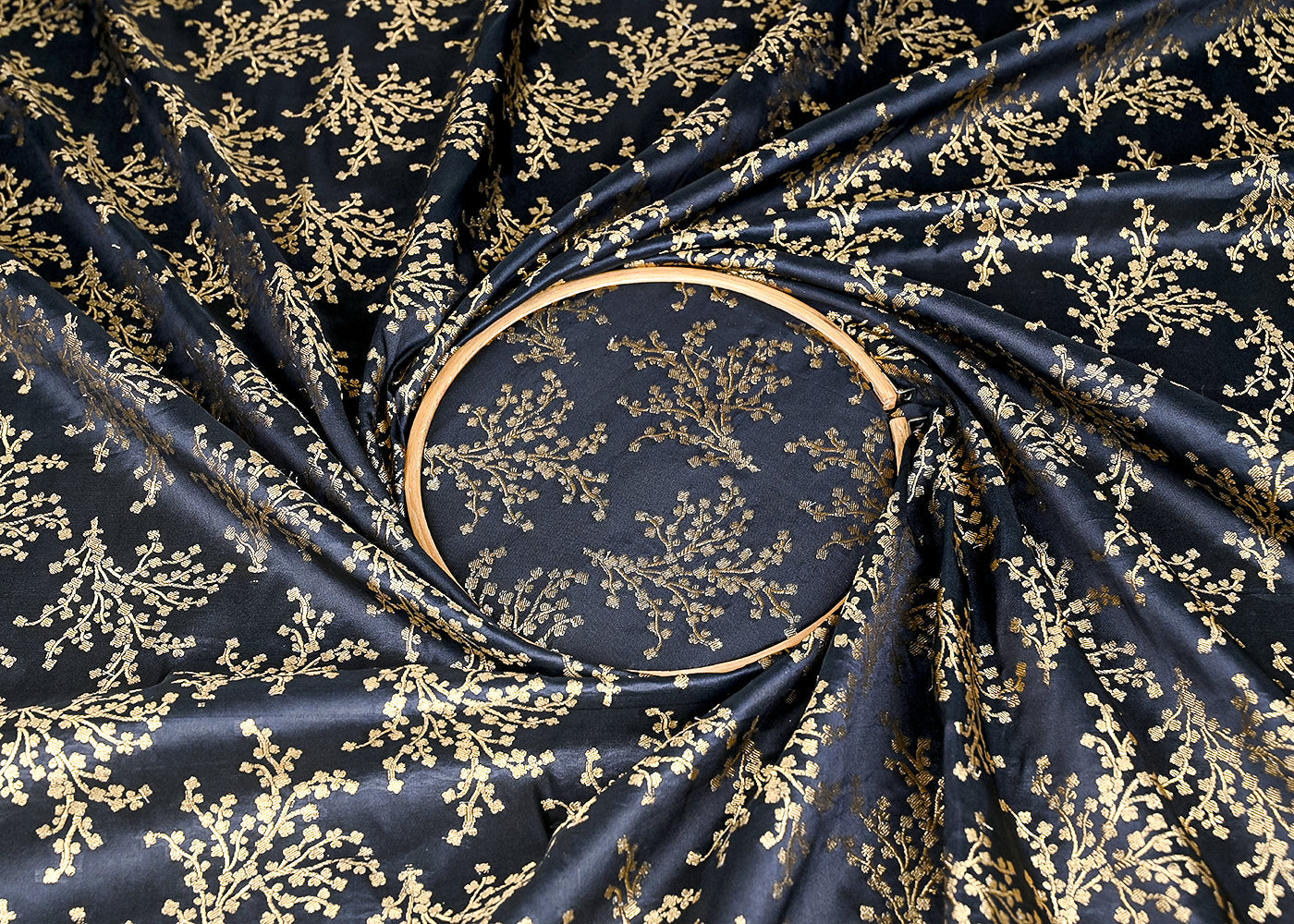 (Pre-Cut 1.9 Mtr) Black Banarasi Brocade Fabric With All Over Zari Handloom 18810