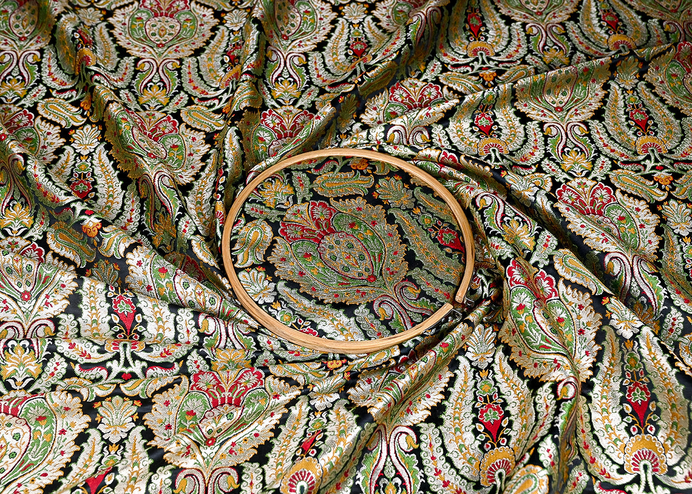 (Pre-Cut 1.6 Mtr) Black Banarasi Brocade Fabric With All Over Thread And Zari Handloom 18811